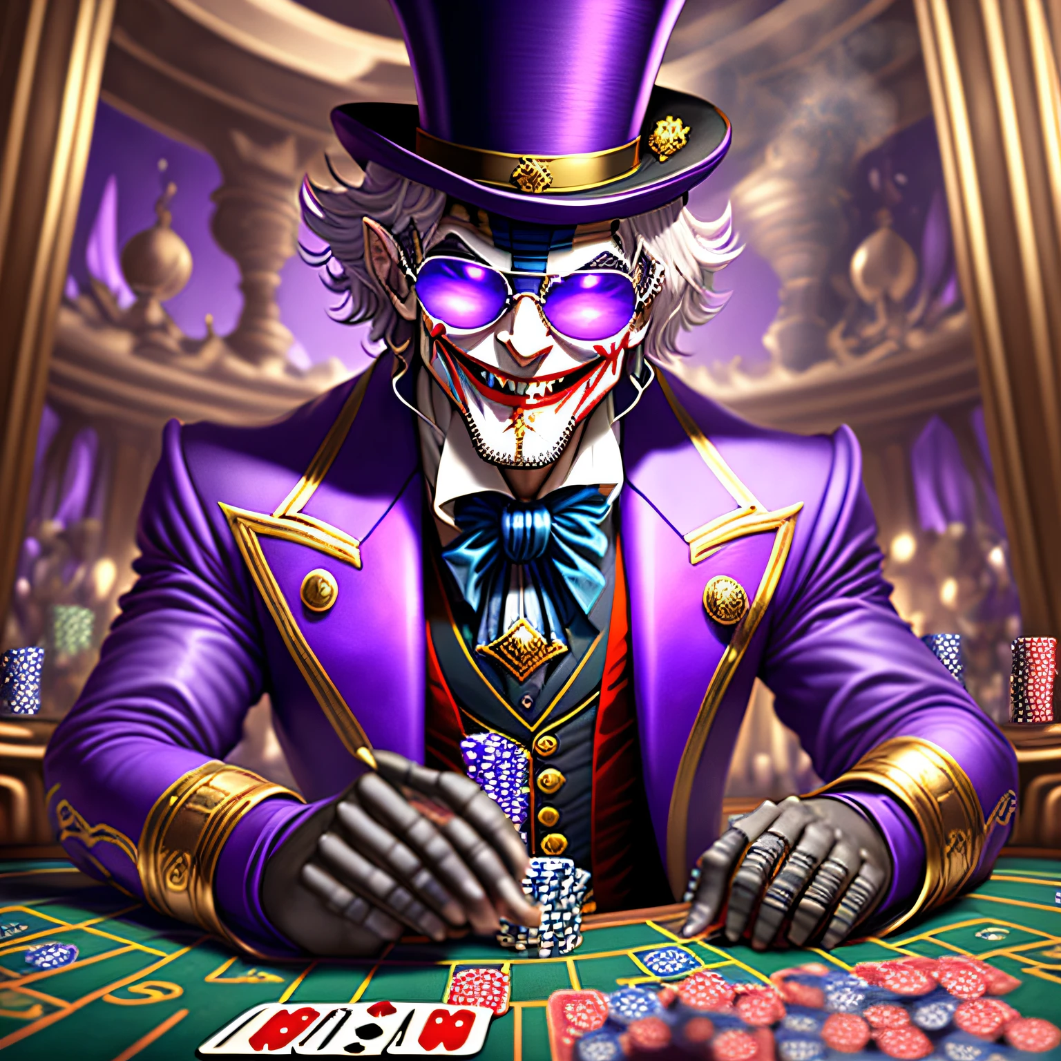 (Male: 1.3, Gold Teeth: 1.2, Robot: 0.9, Jester, Joker), (smile, purple shades), (looks at the viewer, casino décor in the background: 0.8, purple atmosphere: 0.8) 1 Male Skullhead,trickster,saturated Transparent Platinum Gray Pink,striking gaze,smirk,top hat,gambling,show stage,close-up,diabolic,masterpiece,8k,highest quality,intricate,Clockpunk,playing cards, (Male: 1.3, Gold Teeth: 1.2, Robot: 0.9, Jester, Joker), (smile, purple shades), (looks at the viewer, casino décor in the background: 0.8, purple atmosphere: 0.8) (Male: 1.3, Gold Teeth: 1.2, Robot: 0.9, Jester, Joker), (smile, purple shades), (looks at the viewer, casino décor in the background: 0.8, purple atmosphere: 0.8) hobbit,trickster,saturated Transparent Platinum Gray Pink,striking gaze,smirk,top hat,gambling,show stage,close-up,diabolic,masterpiece,8k,highest quality,intricate,Clockpunk,playing cards,hobbit,trickster,saturated Transparent Platinum Gray Pink,striking gaze,smirk,top hat,gambling,show stage,close-up,diabolic,masterpiece,8k,highest quality,intricate,Clockpunk,playing cards,