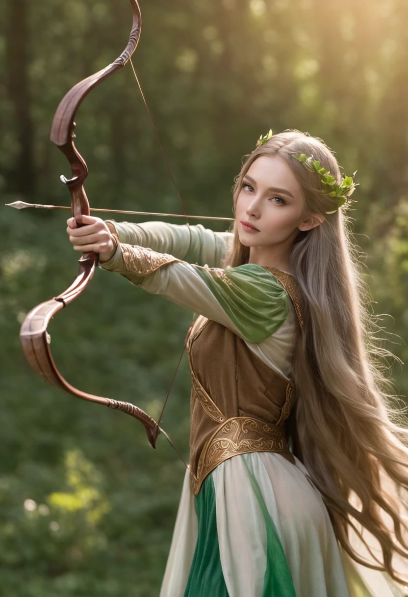 The elven princess leaned against the emerald grass，She was armed with a bow and arrow，Gaze into the distance。Her long hair flowed，A golden glow shimmers in the sunlight。The surrounding flowers bloom with colorful colors，A gentle breeze blows the leaves，Fallen leaves fluttered around her。The whole scene is full of mystery and tranquility，It was as if time also stood still at this moment。8K分辨率。