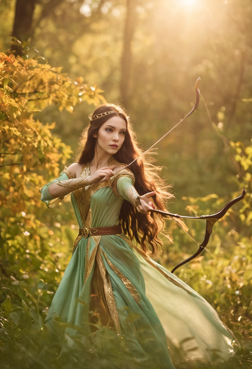 The elven princess leaned against the emerald grass,She was armed with a bow and arrow,Gaze into the distance。Her long hair flowed,A golden glow shimmers in the sunlight。The surrounding flowers bloom with colorful colors,A gentle breeze blows the leaves,Fallen leaves fluttered around her。The whole scene is full of mystery and tranquility,It was as if time also stood still at this moment。8K分辨率。