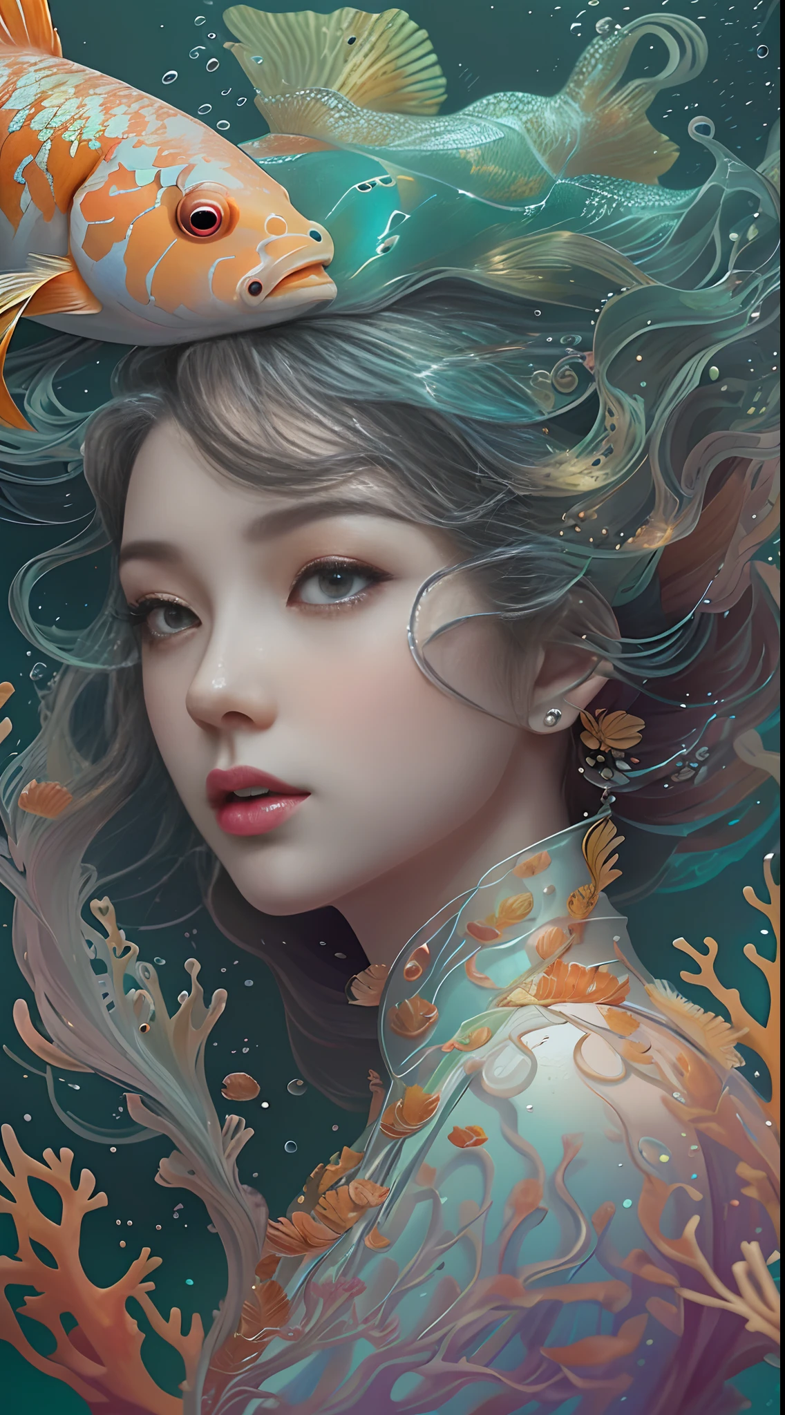 ModelShoot style, (Extremely detailed Cg Unity 8K wallpaper), A chaotic storm of intricate liquid smoke in the head, Stylized abstract photo of beautiful girl, wetted skin,Koi，Beautiful koi，Flocks of koi,carp，Strange shaped corals，ocean floor，Beautiful coral reef in the background，Rochas,Marine life，colorful coral reef,Decorate with coral reefs,author：Petros Afshar, ross tran, tom whalen, Peter Mohrbacher, Art germ, ((bubbly underwater scenery)) Radiant light octane rendering is highly detailed, inspired by Yanjun Cheng, Beautiful digital artwork, Guviz-style artwork, 8K highly detailed digital art, Beautiful digital illustration, Cute detailed digital art, stunning digital illustration, A beautiful artwork illustration, Exquisite digital illustration,8K detailed digital art,