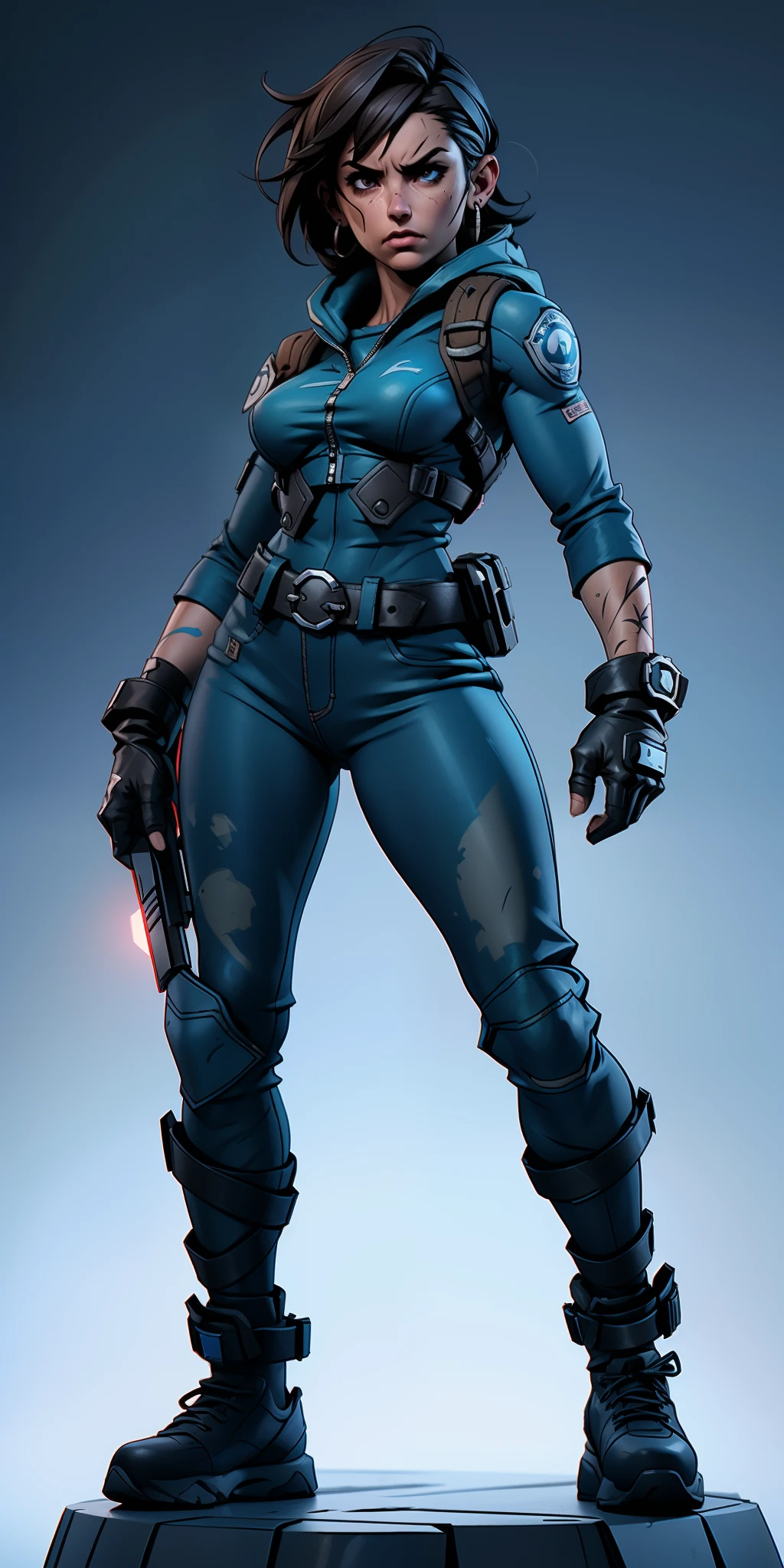 Obraprima, melhor qualidade, Ultra Detalhado, 8k, Jill Valentine Resident Evil, Pose de combate, cidade enfestada de zumbi, top azul rasgado, saia jeans, Botas, rosto bonito, perfect hands, corpo esbelto, cintura marcada, corpo magro, rosto simetrico, corpo proporcional, well-formed hands, art-station, foco fino