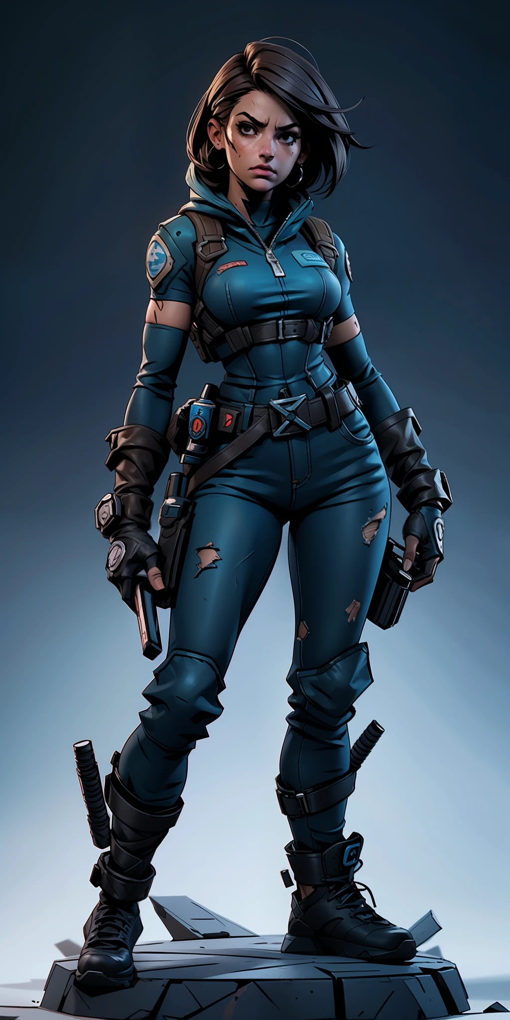 Obraprima, melhor qualidade, Ultra Detalhado, 8k, Jill Valentine Resident Evil, Pose de combate, cidade enfestada de zumbi, top azul rasgado, saia jeans, Botas, rosto bonito, perfect hands, corpo esbelto, cintura marcada, corpo magro, rosto simetrico, corpo proporcional, well-formed hands, art-station, foco fino