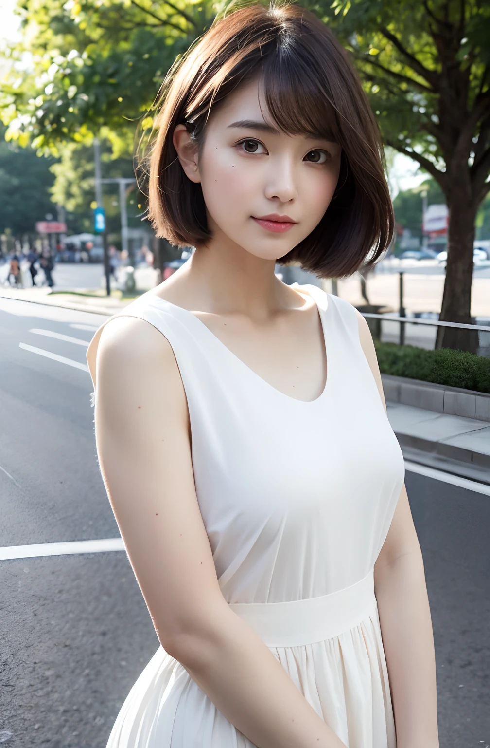 8K、top-quality、masterpiece、超A high resolution、Photo Beautiful Japan woman(pleasing:1.1) Elegance、There is a good、Transparent atmosphere、Beautiful face、Gradient lighting、1girl in、Delicate skin、Look into the distance、Brown-eyed、short hair with bangs、breasts are large、Raw photography、(pureerosface)、Plain Pleated Cap Sleeve Tops、Sleeveless、The shirt、Round Neck、Take your eyes off、Stylish cityscape、Street Trees、the morning sun、The morning sun is dazzling、chubby figure、Thicker body shape、sensually、Whipped body、