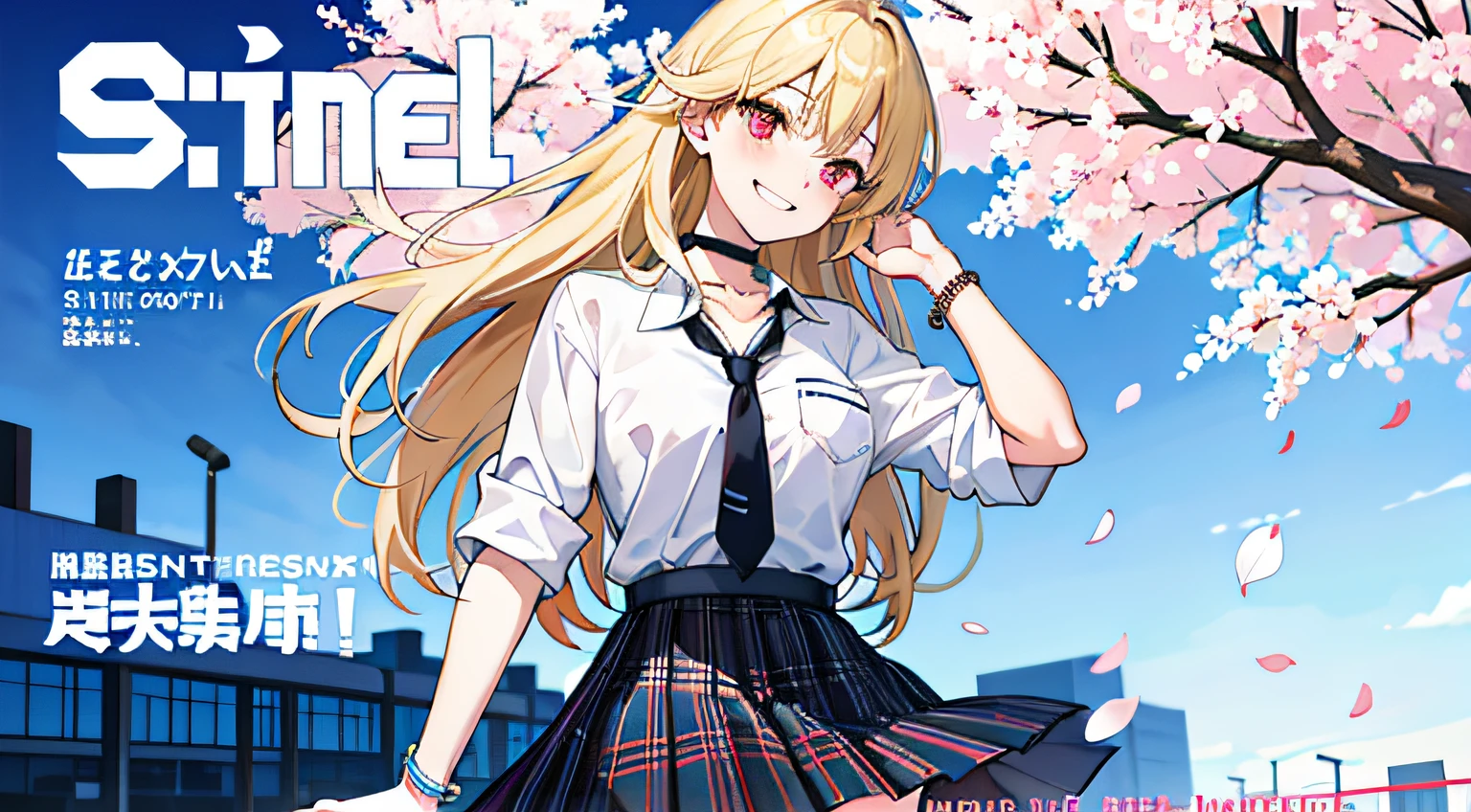 masterpiece, best quality, full body, 1girl, bangs, black choker, black necktie, blonde hair, blue skirt, blush, bracelet, breasts, choker, clothes around waist, collarbone, collared shirt, cowboy shot, dress shirt, ear piercing, eyebrows visible through hair, gradient hair, grin, gyaru, jewelry, kogal, long hair, looking at viewer, loose necktie, necktie, piercing, plaid, plaid skirt, pleated skirt, red eyes, ring, school uniform, shirt, skirt, smile, solo, white shirt, street, sky, cherry blossoms, petals,illustration, (magazine:1.3), (cover-style:1.3), fashionable, woman, vibrant, outfit, posing, front, colorful, dynamic, background, elements, confident, expression, holding, statement, accessory, majestic, coiled, around, touch, scene, text, cover, bold, attention-grabbing, title, stylish, font, catchy, headline, larger, striking, modern, trendy, focus, fashion,