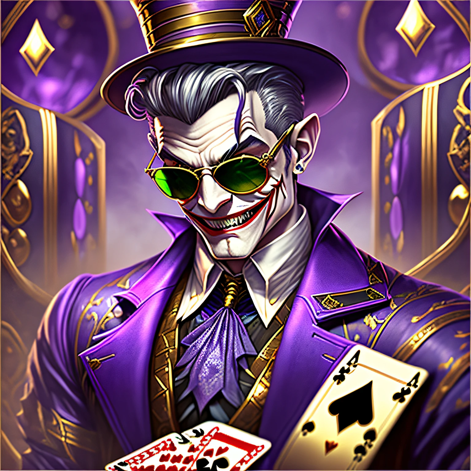 (Male: 1.3, Gold Teeth: 1.2, Robot: 0.9, Jester, Joker), (smile, purple shades), (looks at the viewer, casino décor in the background: 0.8, purple atmosphere: 0.8)  1 Male Skullhead,trickster,saturated Transparent Platinum Gray Pink,striking gaze,smirk,top hat,gambling,show stage,close-up,diabolic,masterpiece,8k,highest quality,intricate,Clockpunk,playing cards, (Male: 1.3, Gold Teeth: 1.2, Robot: 0.9, Jester, Joker), (smile, purple shades), (looks at the viewer, casino décor in the background: 0.8, purple atmosphere: 0.8)  (Male: 1.3, Gold Teeth: 1.2, Robot: 0.9, Jester, Joker), (smile, purple shades), (looks at the viewer, casino décor in the background: 0.8, purple atmosphere: 0.8)  hobbit,trickster,saturated Transparent Platinum Gray Pink,striking gaze,smirk,top hat,gambling,show stage,close-up,diabolic,masterpiece,8k,highest quality,intricate,Clockpunk,playing cards,hobbit,trickster,saturated Transparent Platinum Gray Pink,striking gaze,smirk,top hat,gambling,show stage,close-up,diabolic,masterpiece,8k,highest quality,intricate,Clockpunk,playing cards,