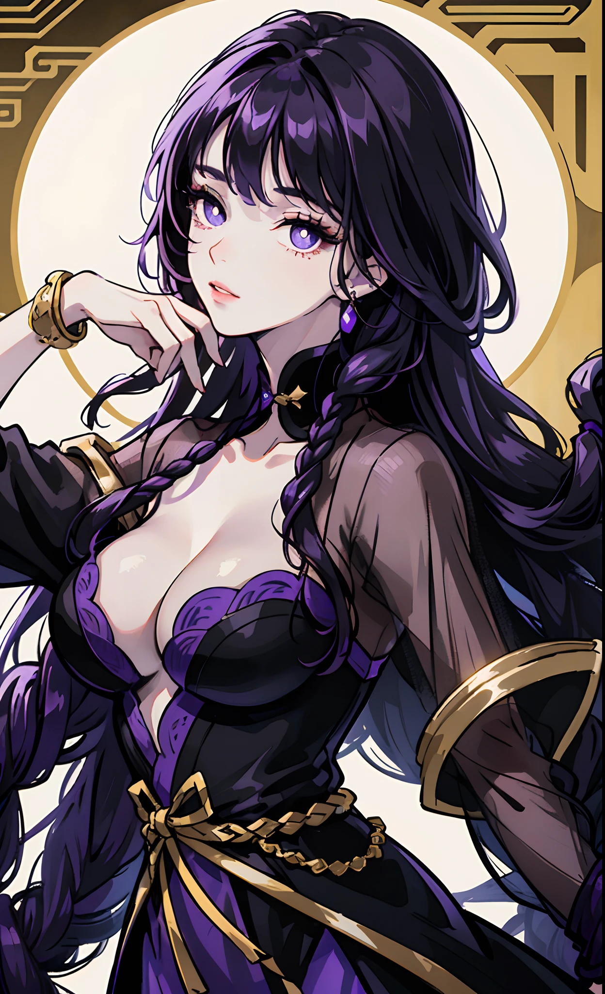 mito,Dark purple long twisted braided hair,Realistic female characters,Bunched hair,Purple pupils,Black eyelashes,High Picture Quality,bust,Black collar,Golden ratio figure,Purple costume Hanfu,Raiden general,Purple bracelet,look at viewer,Slightly exposed cleavage,The eyes are sharp