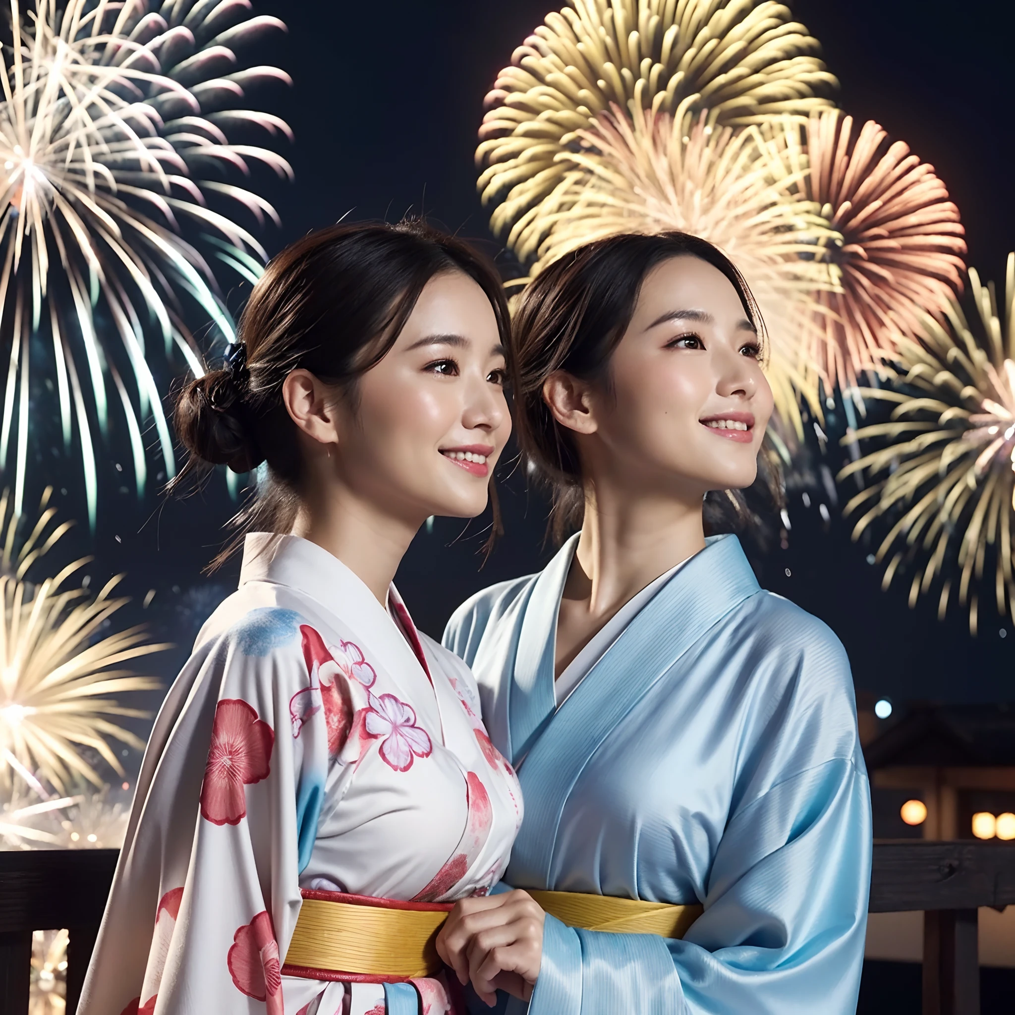 (in 8K、RAW Photos、top-quality、​masterpiece:1.2)、(realisitic、Photorealsitic:1.37)、ultra-detailliert、超A high resolution、lighting like a movie、(((Beautiful Japan woman looking up at fireworks)))、a smile、woman wearing the kimono、classy yukata clothing、Wearing a colorful yukata、Wearing a kimono、japanese kimono、wearing a haori、Yukata with morning glory pattern、Have a yoyo、Have a fan、dynamic ungle、动态照明