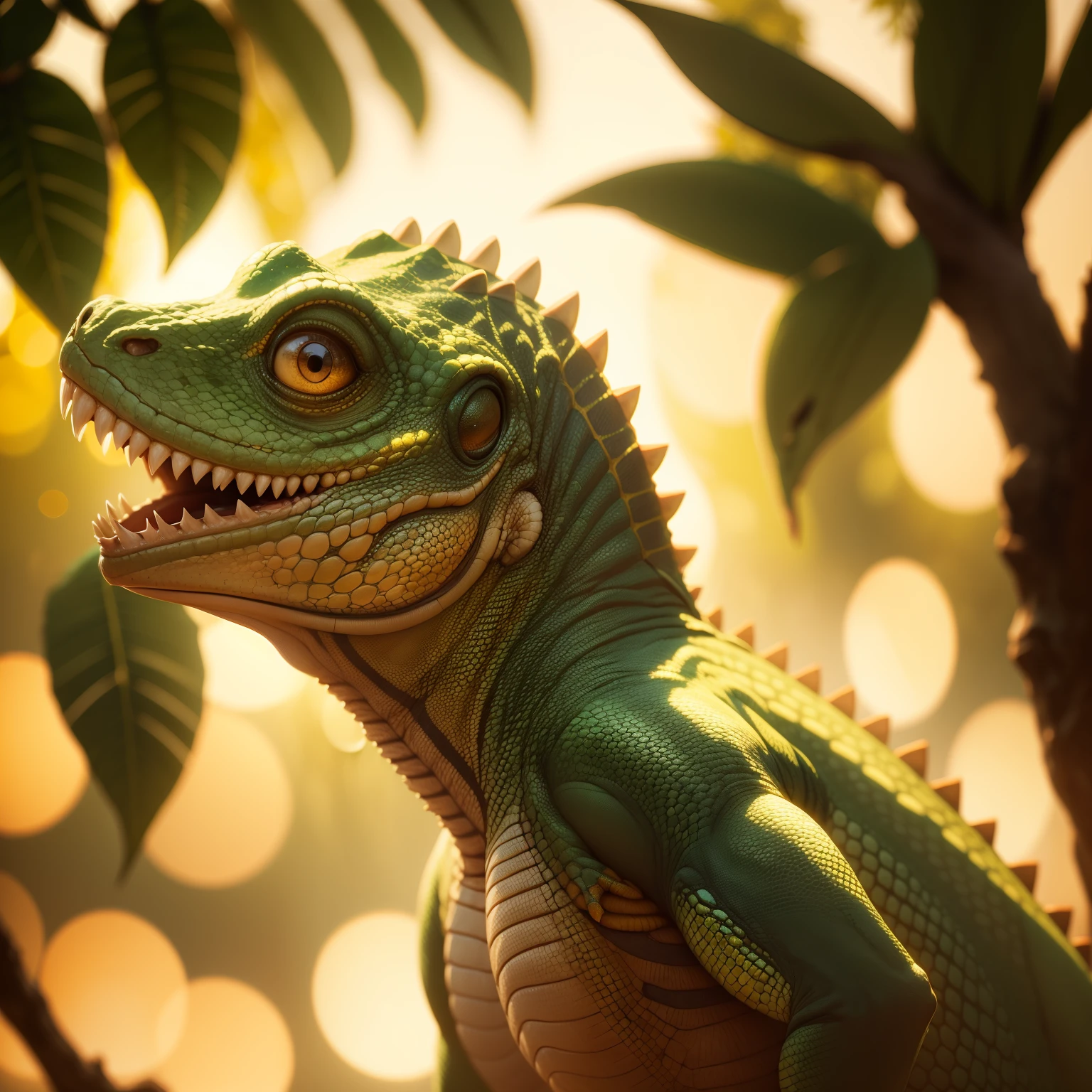 Beautiful portrait of an alien lizard, Soft lighting, the golden hour, Bokeh