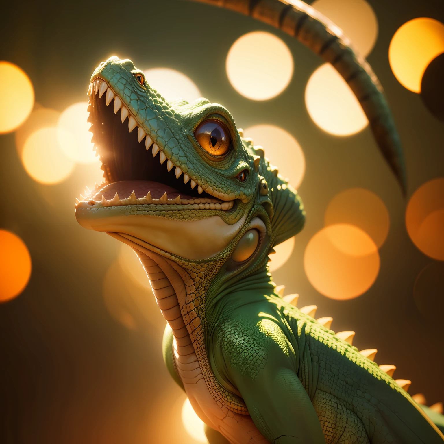 Beautiful portrait of an alien lizard, Soft lighting, the golden hour, Bokeh