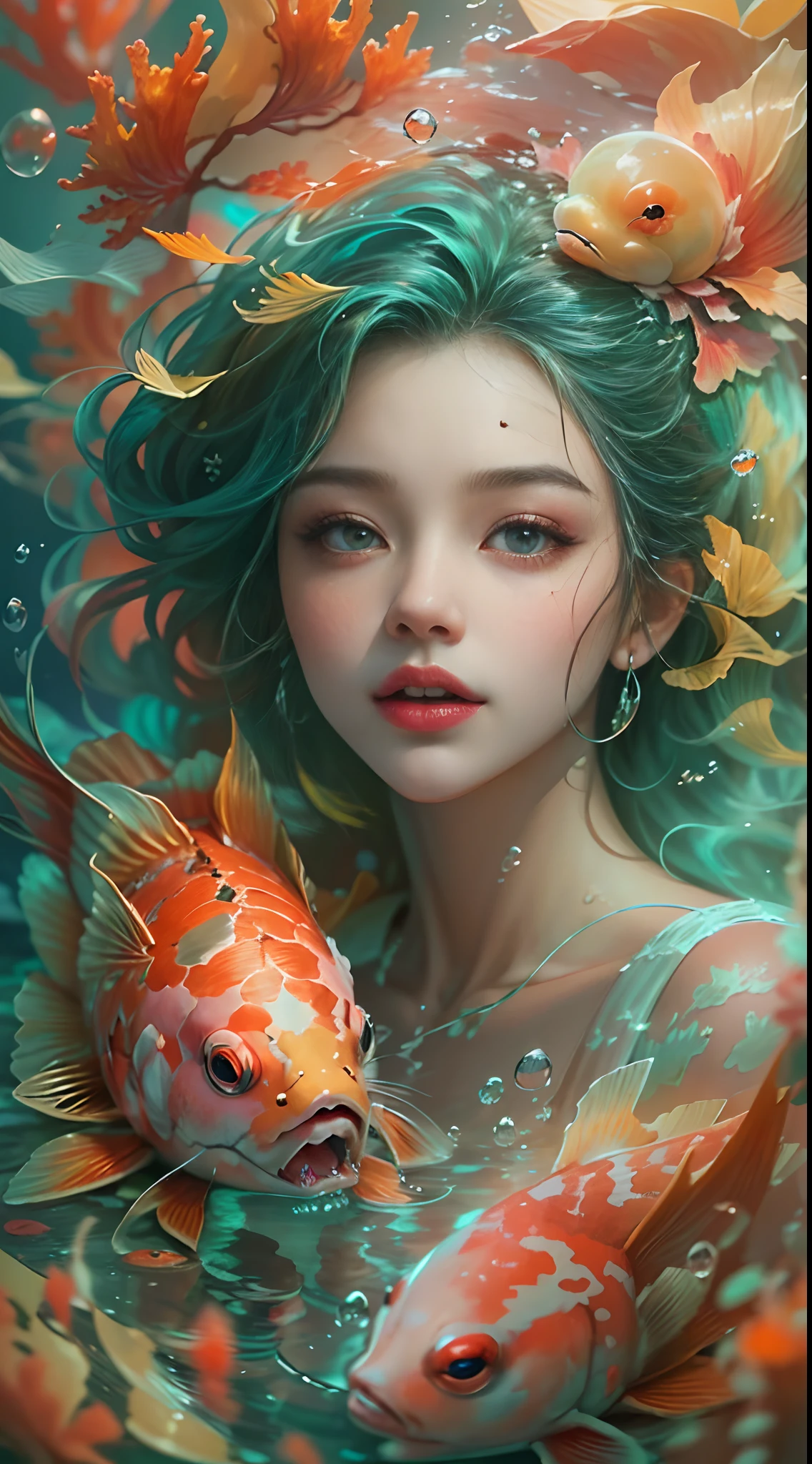 ModelShoot style, (Extremely detailed Cg Unity 8K wallpaper), A chaotic storm of intricate liquid smoke in the head, Stylized abstract portrait of beautiful girl, wetted skin,Koi，Beautiful koi，Flocks of koi,carp，Strange shaped corals，ocean floor，Beautiful coral reef in the background，Rochas,Marine life，colorful coral reef,Decorate with coral reefs,author：Petros Afshar, ross tran, tom whalen, Peter Mohrbacher, Art germ, Broken glass, ((bubbly underwater scenery)) Radiant light octane rendering is highly detailed, inspired by Yanjun Cheng, Beautiful digital artwork, Guviz-style artwork, 8K highly detailed digital art, Beautiful digital illustration, Cute detailed digital art, stunning digital illustration, A beautiful artwork illustration, Exquisite digital illustration,8K detailed digital art,