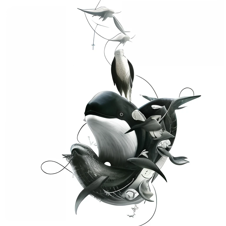 Crane on top of the whale, joe gb fenton, subreddit / r / whale, [[fantasy]], , whales, everyone having fun, lovecraftian sea creature, marine animal, killer whale, b&Show on the!, Black and white artwork,beaks, navy seal，Clownfish