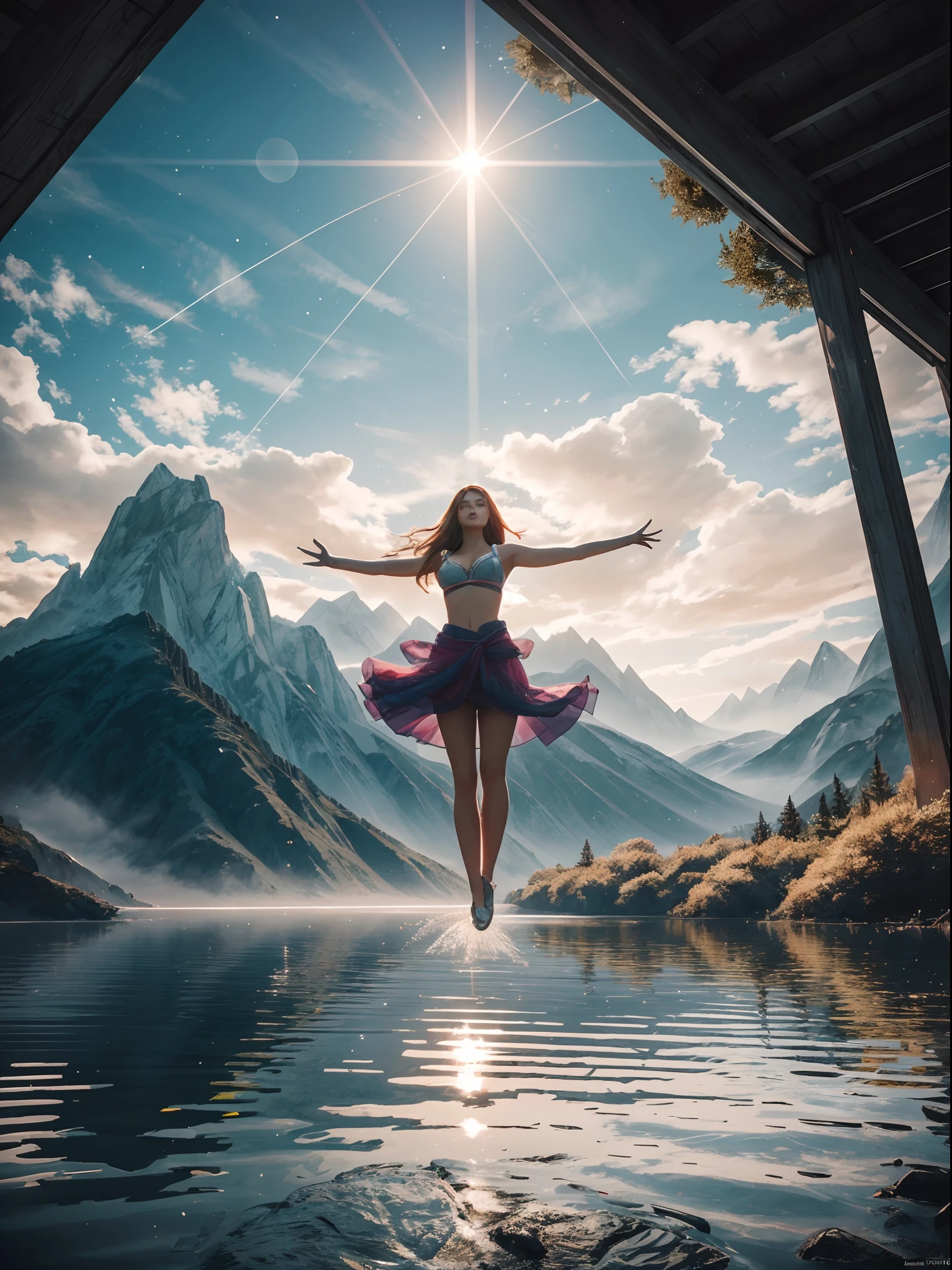 ((La mejor calidad)), ((obra maestra)), (muy detallado:1.3), Beautiful 25-year-old girl levitating on water, ella esta ubicada en el centro, levitating over the water of a lake with mountains in the background,spheres with fractal designs around, cyberpunk, Fractal design in the background, FUTURISTA, golden ratio, 3D tessellation of metal structures, neuronal graph, neuronas, Color, amor, passion, oil on canvas, pinceladas gruesas, Stunningly Detailed, 8k, obra maestra, Artstation, surrealista, obra maestra, realista, realismo, fotorrealismo, alto contraste, photorealistic digital art trending on artstation 8k hd high definition detailed realistic, detallado, textura de la piel, hiper detallado, textura realista de la piel, armadura, mejor calidad, ultra-high-resolution, , high resolusion, detallado, foto sin procesar, nikon d850 film stock photograph 4 kodak portra 400 camera f1.6 Lens rich colors hyper realistic texture dramatic lighting UnrealEngine trend in Artstation Cinestill 800,