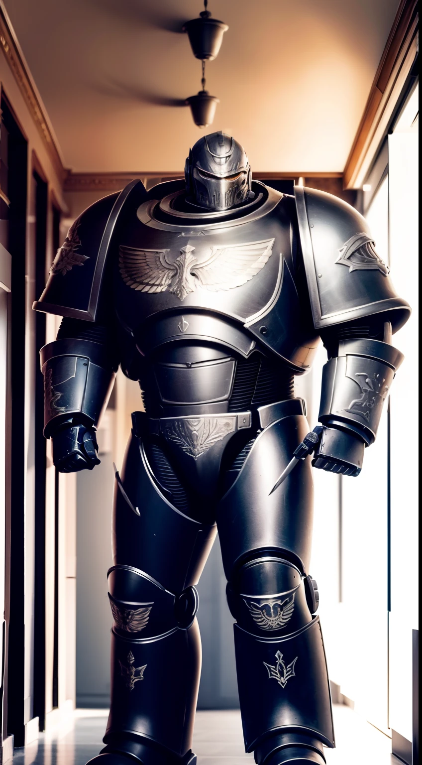 Inside the building，Silver full body armor，two meters tall，He held a black spear in his hand，Two-meter spear，Huge power armor，Burly body，Large thick armor, High detail, Realistic art style,