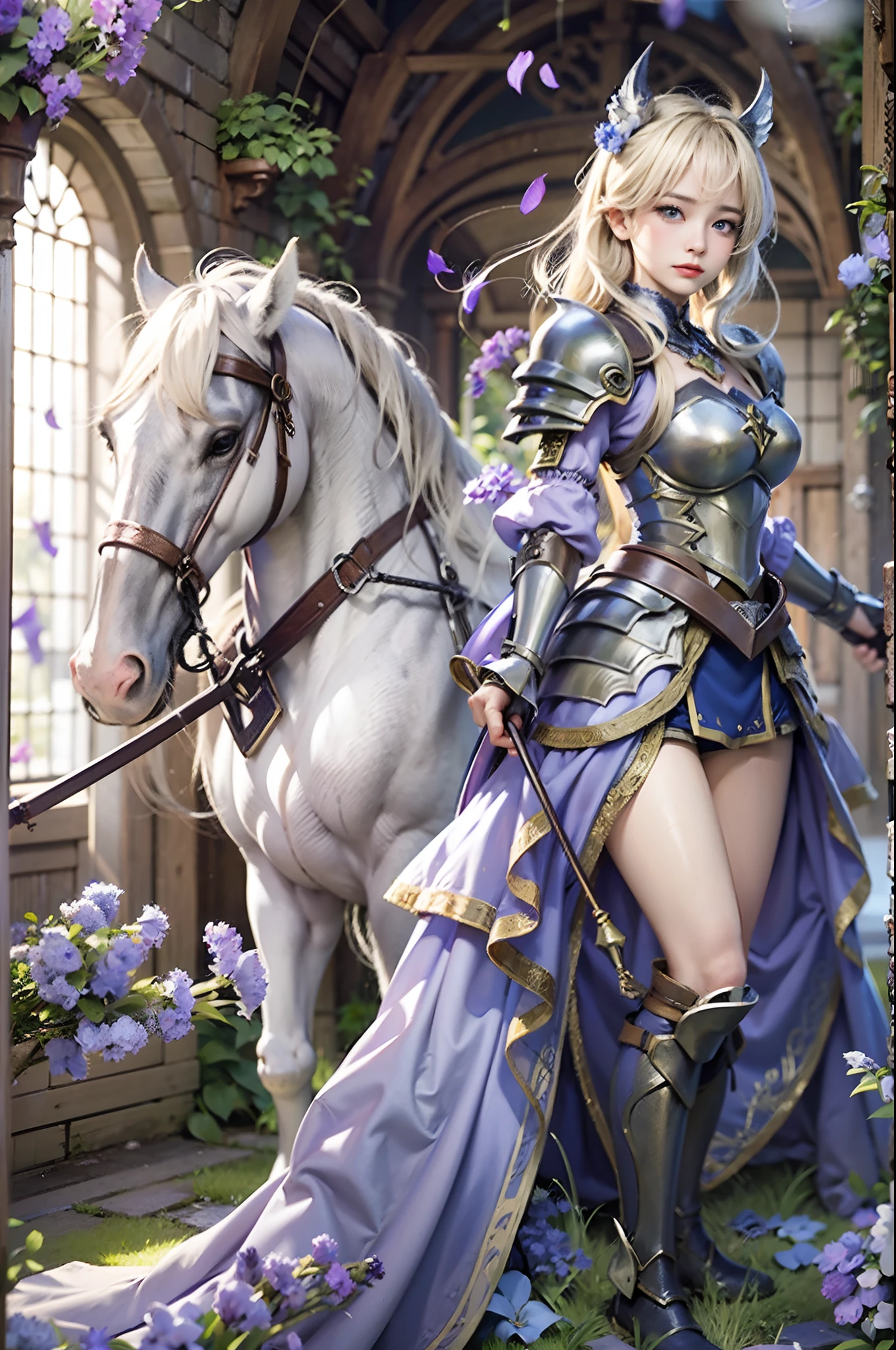 ​masterpiece, top-quality, One Young Woman Knight、Beautiful fece、Rin々Right、beautiful countenance、beautidful eyes、25-years old、((FULL BODYSHOT))、Silver Half Plate and Dress Armor、Gorgeous blonde、long、Blue eyes、thoughtful、White horse、magical fantasy、chies、Lavender fields、in isekai、Medieval Europe、((FULL BODYSHOT))、Dynamic angles、