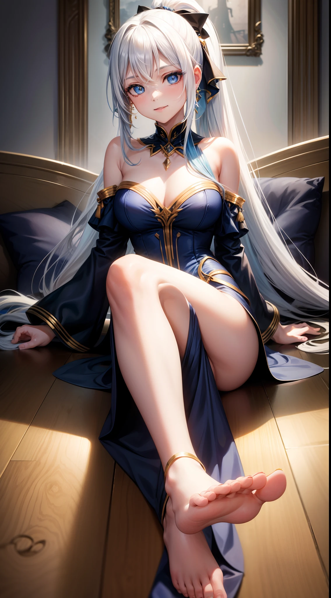 young girl, Long white hair with blue strands, blue eyes, high ponytail, Black blue dress, Gold Elements, bare back, Sits, foot on foot, ssmile, Masterpiece, hiquality
