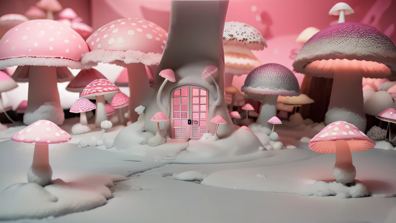 Cotton Model. mushrooms neon pink. Maquete. mushrooms neon. White snow Cotton. Maquete. Porta de madeira maquete. Cotton on the floor