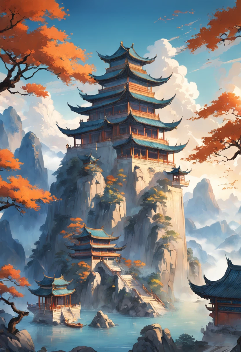 An ancient Chinese painting, ancient Chinese background, mountains, rivers, auspicious clouds, pavilions, sunshine, masterpieces, super detail, epic composition, ultra HD, high quality, extremely detailed, official art, unified 8k wallpaper, Super detail, 32k -- v 6