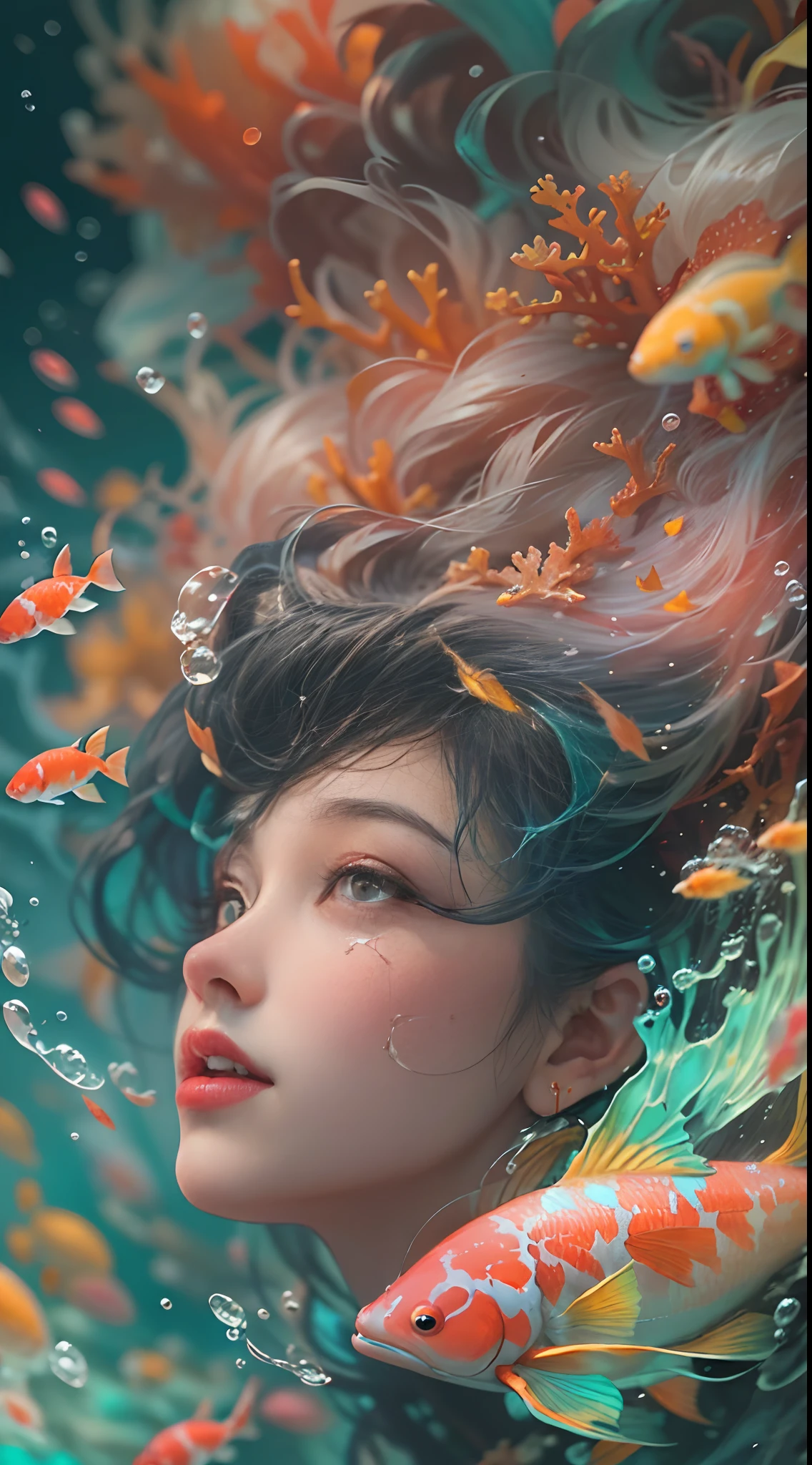 ModelShoot style, (Extremely detailed Cg Unity 8K wallpaper), A chaotic storm of intricate liquid smoke in the head, Stylized abstract portrait of beautiful girl, wetted skin,Koi,The corals,ocean floor,Marine life,author:Petros Afshar, ross tran, tom whalen, Peter Mohrbacher, Art germ, Broken glass, ((bubbly underwater scenery)) Radiant light octane rendering is highly detailed