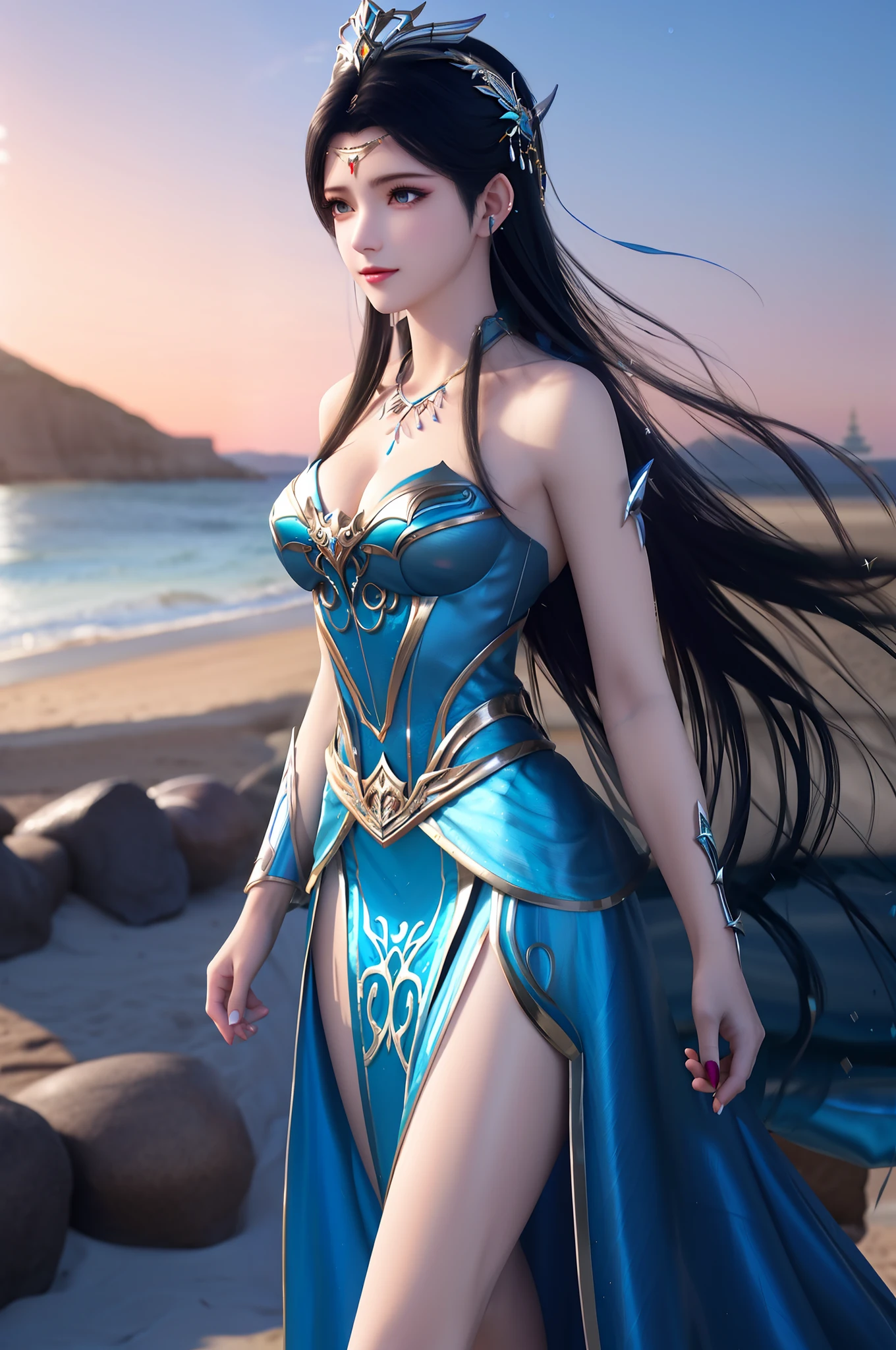 ( Absurd , High quality , ultra detailed, careful with hand )Zodiac - Sagittarius goddess , similar to latin goodness . Optimistic, fair-minded, funny and intellectual face . Reckless, cold-hearted, impatient, overconfident style . Dark blue eyes (eyes detail) , deep blue hair with bling bling , transparent dress , in the ocean with stars , whole body , fire nature , god Chiron