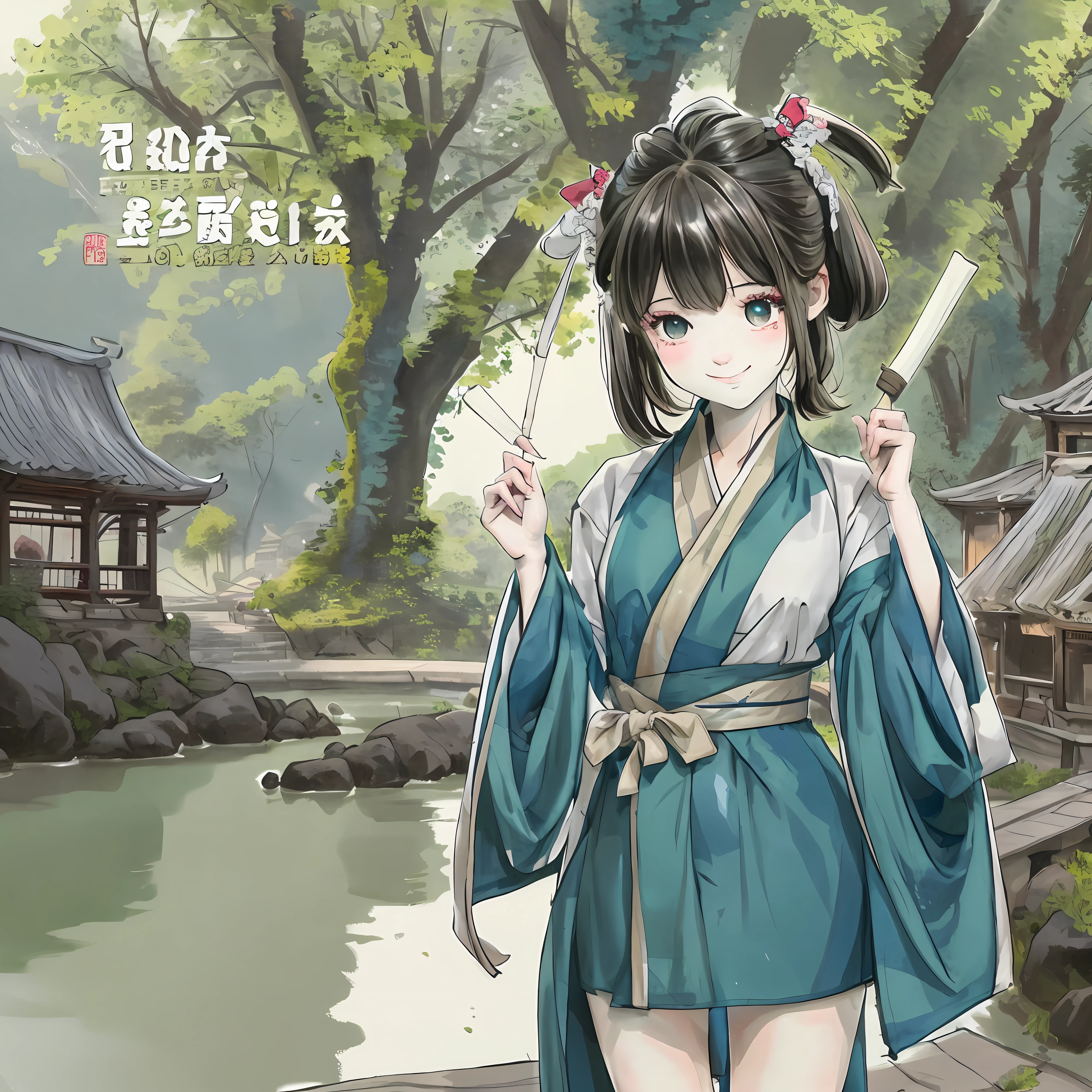 (masterpiece),best quality,good anatomy, shuimobysim,(1 girl:1), (upper body),(smile),short hair,(hanfu),(ecchi0.5), (trees:0.5), (flowers:0.6) ,(wooden house:0.2),(bamboo forest:0.2),(creek:0.2),(river:0.2),