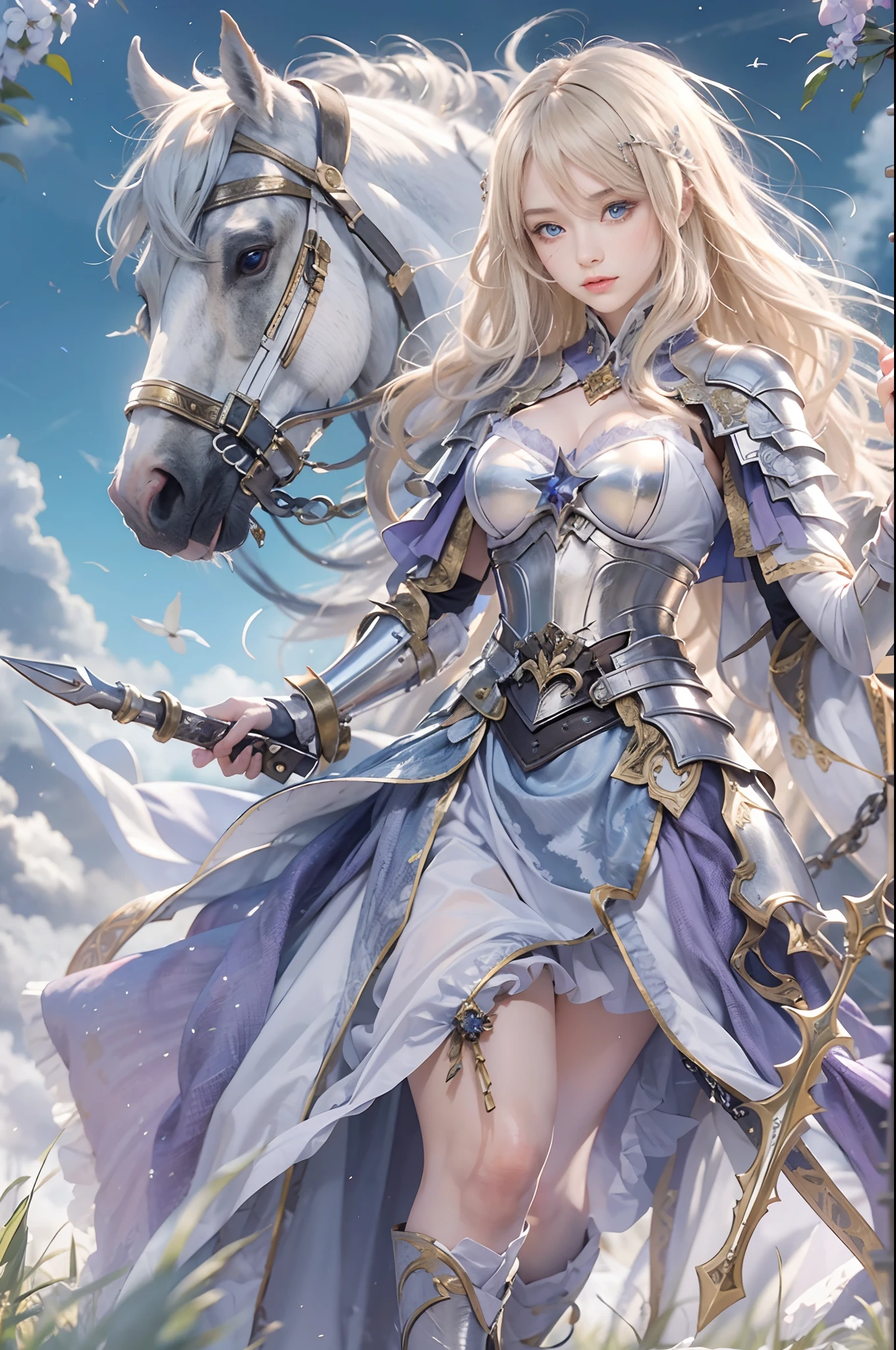 masterpiece, top-quality, One Young Woman Knight、Beautiful fece、Rin々Right、beautiful countenance、beautidful eyes、25-years old、((FULL BODYSHOT))、Silver Half Plate and Dress Armor、Gorgeous blonde、long、Blue eyes、thoughtful、White horse、magical fantasy、chies、Lavender fields、in isekai、Medieval Europe、((FULL BODYSHOT))、Dynamic angles、