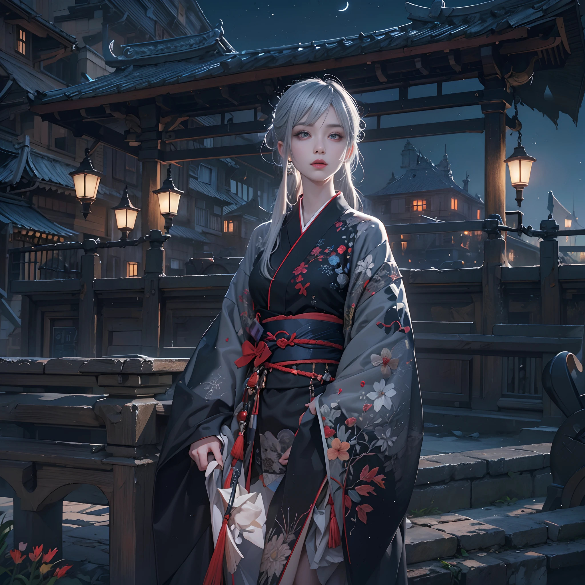 watching at viewers、odd eye、Wearing a gorgeous black kimono、Infinitely low exposure、8kAnime Artwork、Fantastic worldview、Background Ancient capital、Moonlit Night Background、full body Esbian、Colored inner hair, Grey Hair, Ponytail, Shiny hair, shairband, Mismatched pupils, Hyper-Realism, Verism, Realism, depth of fields, Cinematic lighting, spark of light, Ray tracing, Wide Shot, F/16, nffsw, high details, High quality, Textured skin, 8K, Best Quality, hight resolution