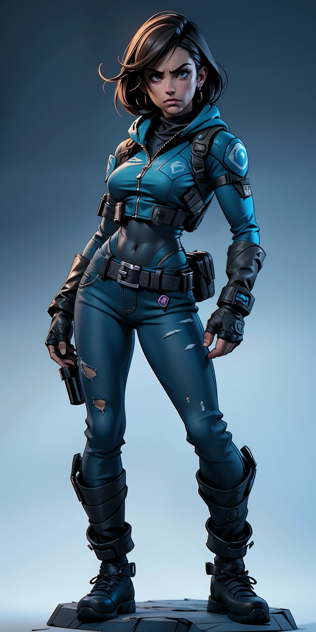 Obraprima, melhor qualidade, Ultra Detalhado, 8k, Jill Valentine Resident Evil, Pose de combate, cidade enfestada de zumbi, top azul rasgado, saia jeans, Botas, rosto bonito, perfect hands, corpo esbelto, cintura marcada, corpo magro, rosto simetrico, corpo proporcional, well-formed hands, art-station, foco fino