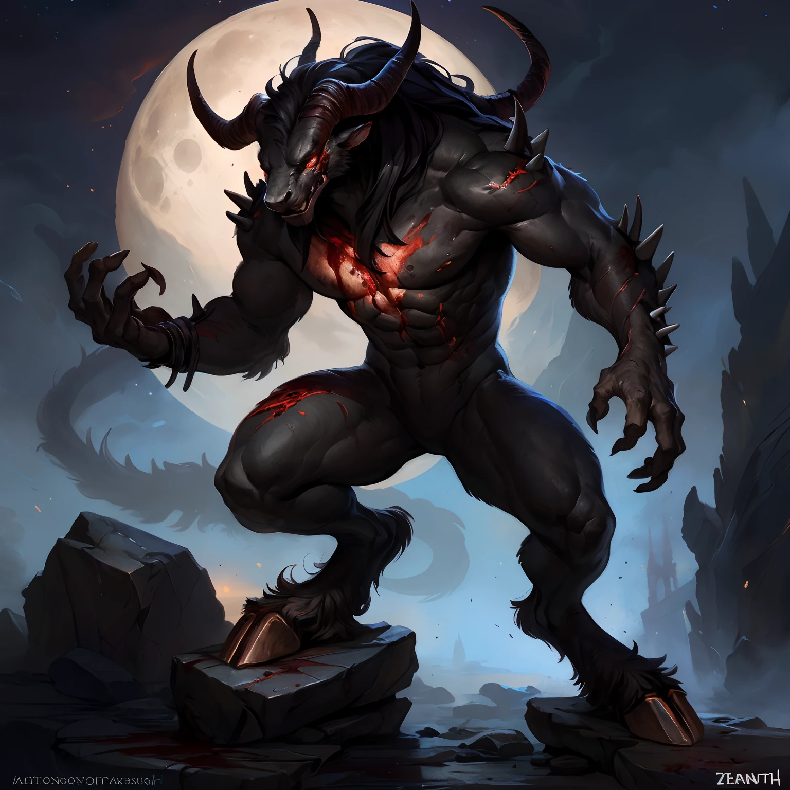 infernal demon of chaos from the abyss, enormous torso, large chest, gargantuan biceps, night, sensual, giant muscles, titanic abs, bleeding, blood wounds, lies on rock, holding a wound on belly button, detailed, uploaded to e621, beautiful and detailed portrait ((male))), ((solo)), kenket, ross tran, ruan jia, bonifasko, uploaded to e621, zaush, foxovh, wide hooves, large horns, many spikes, movie lighting, long tail, standing, moon lights, open legs, long hair