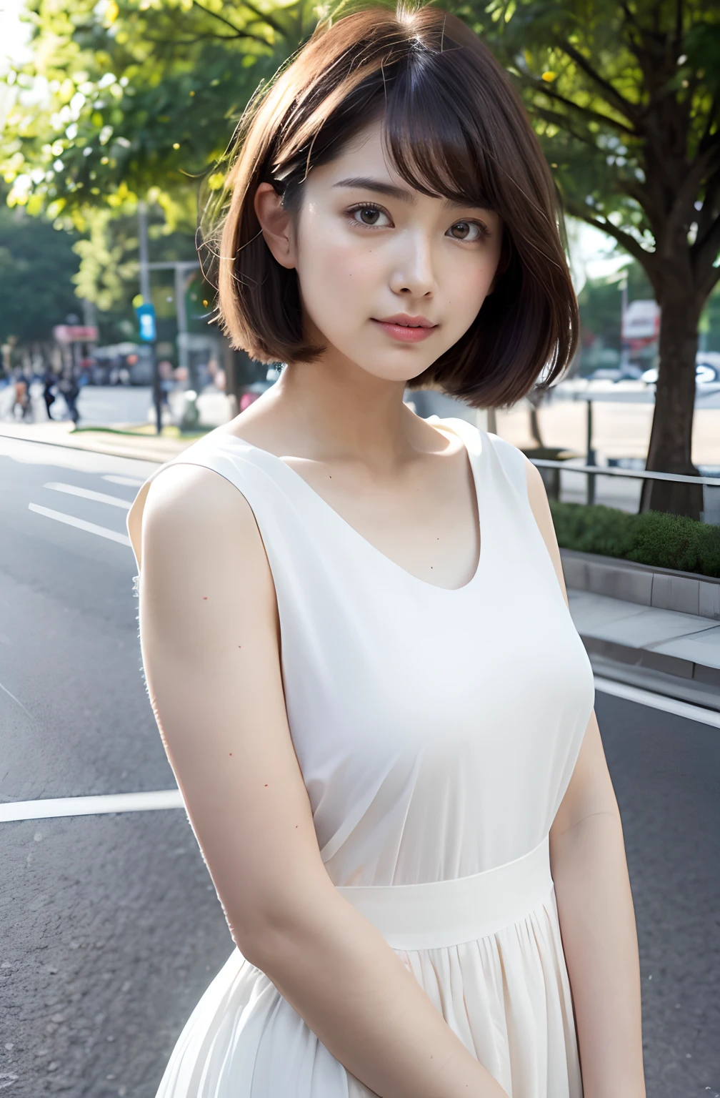 8K、top-quality、​masterpiece、超A high resolution、Photo Beautiful Japan woman(pleasing:1.1) Elegance、There is a good、Transparent atmosphere、Beautiful face、Gradient lighting、1girl in、Delicate skin、Look into the distance、Brown-eyed、short hair with bangs、breasts are large、Raw photography、(pureerosface）、Plain Pleated Cap Sleeve Tops、Sleeveless、The shirt、Round Neck、Take your eyes off、Stylish cityscape、Street Trees、the morning sun、The morning sun is dazzling、chubby figure、Thicker body shape、sensually、Whipped body、