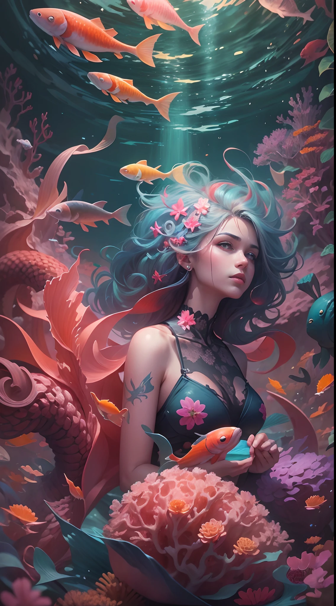 Estilo modelshoot, (fondo de pantalla CG 8k extremadamente detallado), A chaotic storm of intricate liquid smoke in the head, Stylized abstract photo of the mermaid girl, piel mojada,Koi,Hermoso koi,Bandadas de koi,carpa,Oddly shaped corals,ocean floor,Hermoso arrecife de coral en el fondo,Rocas,Vida marina,colorido arrecife de coral,Decorar con arrecifes de coral,autor:Petros Afshar, Ross Tran, Tom Whalen, Peter mohrbacher, Arte Germen, ((Paisaje submarino burbujeante)) The octane representation of radiant light is very detailed, inspirado por Yanjun Cheng, Hermosa obra de arte digital, Ilustraciones de estilo Guviz, Arte digital 8K altamente detallado, beautiful digital illustration, Lindo arte digital detallado, Awesome Digital Illustration, a beautiful artwork illustration, exquisite digital illustration,Arte digital detallado 8K,
Calentando
