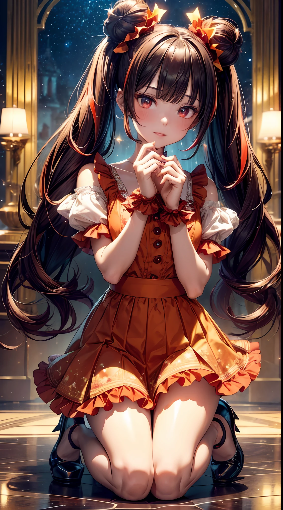 (fullbody, legs and shoes visible: 1.2)) expressive eyes, woman, pale skin, long hair, windblown hair, ((long hair)), long sidelocks, hime bangs, hair fringe, hair bun, ((long twintails)), flaming hair, red hair, blushing, full face blushing, big sparkling glowing red eyes, (gradient eyes), open mouth smile, cute pose,
flowy flaming dress, ((scarlet multicolored open dress)), (mist), orange ruffles, yellow frills, (light red lace), detached short sleeves, puffy skirt, ((fire and stars print skirt : 1.3)), lolita skirt, dark red bows, ((pompon ribbons hair ornament : 1.4)), multiple bows, striped lace stockings, (heart shaped leg garter), cute (dark orange) shoes ((hyperdetailed clothing and fashion)) looking at you, vintage girl, blushing, (beautiful detailed eyes), (extremely detailed CG unity 8k wallpaper) (best shadow), ((an extremely delicate and beautiful)), (detailed light), ((depth of field)) big head, big sparkling eyes, moe, splash art, cinematic lighting, frontal view, volumetric lighting maximalist photo illustration 64k resolution high res intricately detailed complex key visual precise linear 
((in the dark palace background, surrounded by expensive decor, shooting stars)) ((hyperdetailed scenery, foggy, darkness : 1.3))