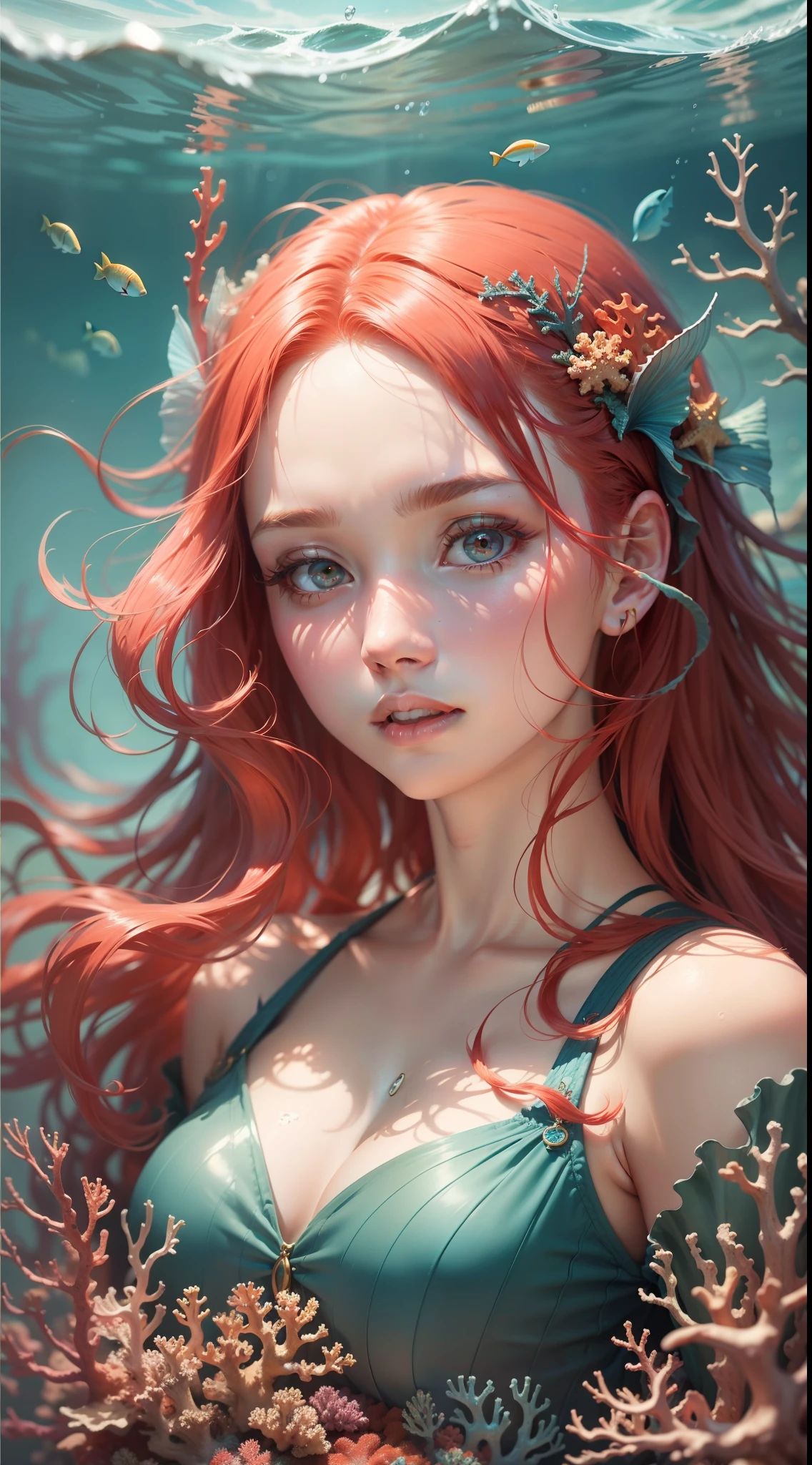 ocean floor、Marine life、Beautiful coral reef、The fish、Mermaid with red hair、Face details are vivid、Fingers are normal,Beautiful painting style，Hair flows in water