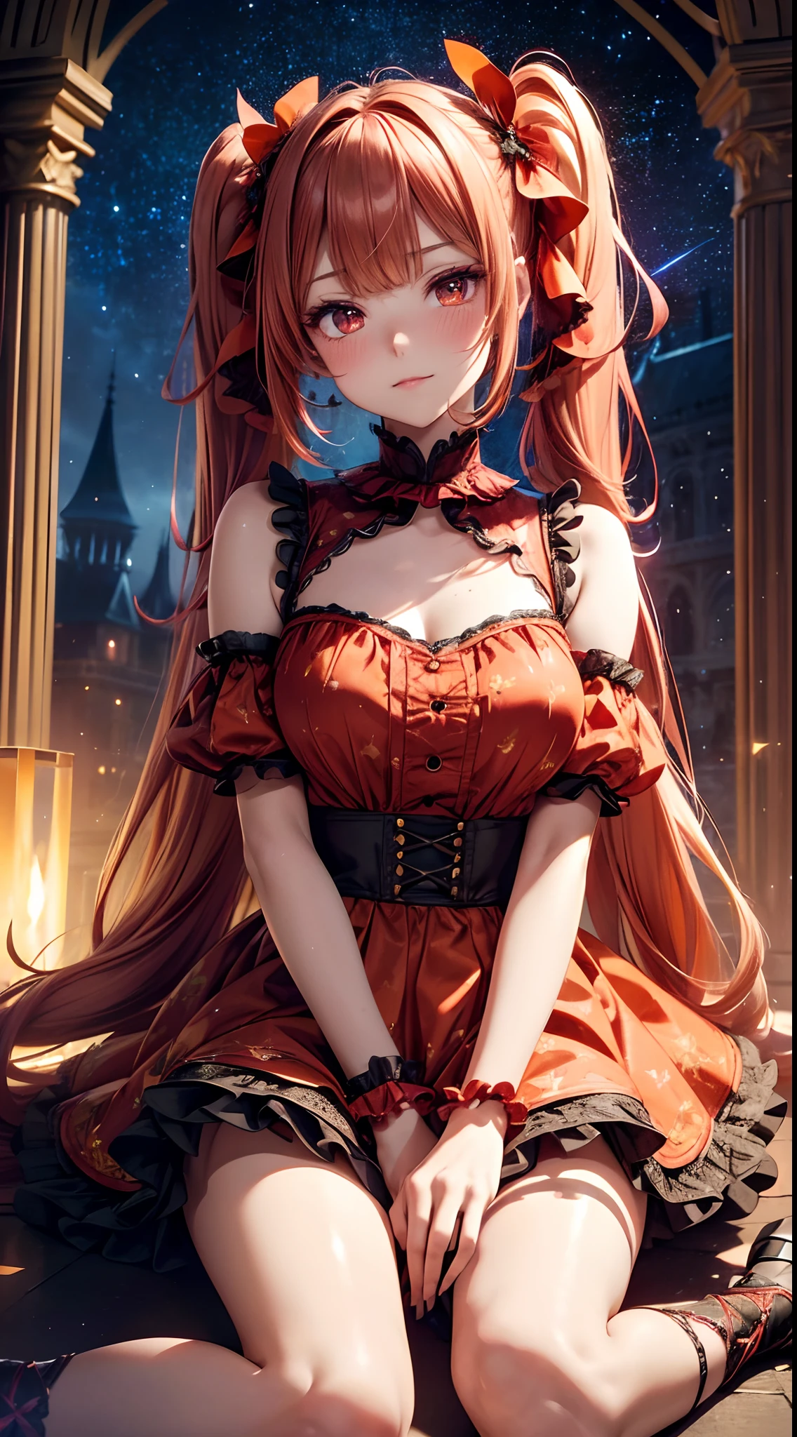 (fullbody, legs and shoes visible: 1.2)) expressive eyes, woman, pale skin, long hair, windblown hair, ((long hair)), long sidelocks, hime bangs, hair fringe, hair bun, ((long twintails)), flaming hair, red hair, blushing, full face blushing, big sparkling glowing red eyes, (gradient eyes), open mouth smile, cute pose,
flowy flaming dress, ((scarlet multicolored open dress)), (mist), orange ruffles, yellow frills, (light red lace), detached short sleeves, puffy skirt, ((fire and stars print skirt : 1.3)), lolita skirt, dark red bows, ((pompon ribbons hair ornament : 1.4)), multiple bows, striped lace stockings, (heart shaped leg garter), cute (dark orange) shoes ((hyperdetailed clothing and fashion)) looking at you, vintage girl, blushing, (beautiful detailed eyes), (extremely detailed CG unity 8k wallpaper) (best shadow), ((an extremely delicate and beautiful)), (detailed light), ((depth of field)) big head, big sparkling eyes, moe, splash art, cinematic lighting, frontal view, volumetric lighting maximalist photo illustration 64k resolution high res intricately detailed complex key visual precise linear 
((in the dark palace background, surrounded by expensive decor, shooting stars)) ((hyperdetailed scenery, foggy, darkness : 1.3))