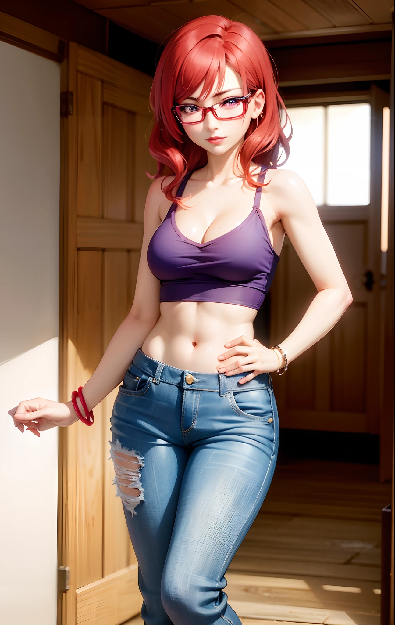 Nishikino maki, Purple eyes, red hair, lipstick,red tank top, denim pants,low waist pants, open pants, glasses, bracelet, cleavage, standing, realistic art, cowboy shot, sexy