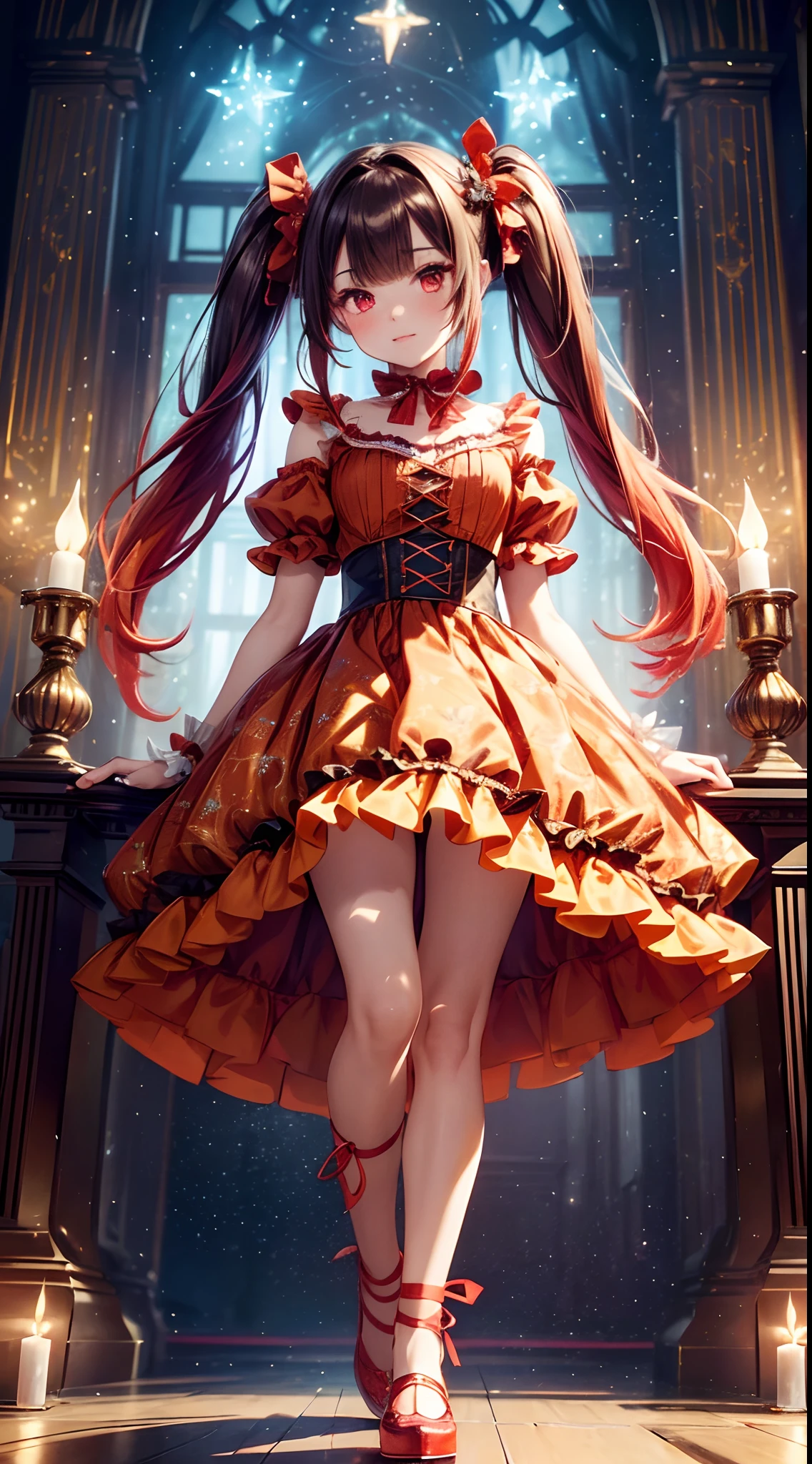 (fullbody, legs and shoes visible: 1.2)) expressive eyes, woman, pale skin, long hair, windblown hair, ((long hair)), long sidelocks, hime bangs, hair fringe, hair bun, ((long twintails)), flaming hair, red hair, blushing, full face blushing, big sparkling glowing red eyes, (gradient eyes), open mouth smile, cute pose,
flowy flaming dress, ((scarlet multicolored open dress)), (mist), orange ruffles, yellow frills, (light red lace), detached short sleeves, puffy skirt, ((fire and stars print skirt : 1.3)), lolita skirt, dark red bows, ((pompon ribbons hair ornament : 1.4)), multiple bows, striped lace stockings, (heart shaped leg garter), cute (dark orange) shoes ((hyperdetailed clothing and fashion)) looking at you, vintage girl, blushing, (beautiful detailed eyes), (extremely detailed CG unity 8k wallpaper) (best shadow), ((an extremely delicate and beautiful)), (detailed light), ((depth of field)) big head, big sparkling eyes, moe, splash art, cinematic lighting, frontal view, volumetric lighting maximalist photo illustration 64k resolution high res intricately detailed complex key visual precise linear 
((in the dark palace background, surrounded by expensive decor, shooting stars)) ((hyperdetailed scenery, foggy, darkness : 1.3))