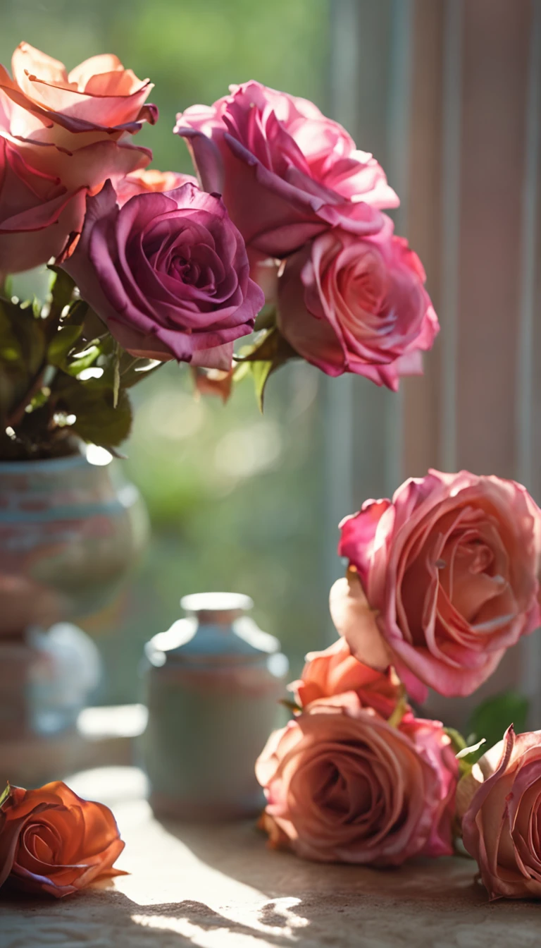 Clay pot, colorful roses, by the window, sunlight coming in, blank background, lots of details, high quality, 8k,