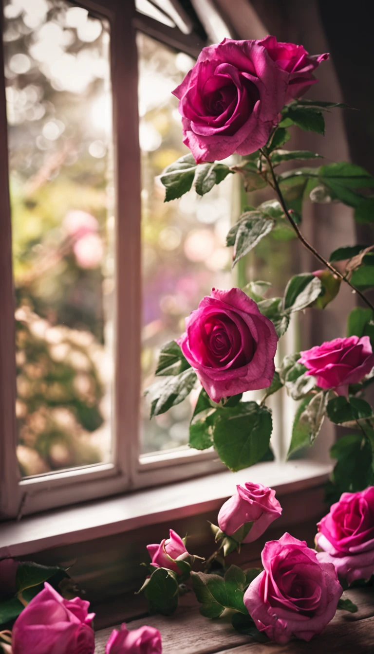 Clay pot, colorful roses, by the window, sunlight coming in, blank background, lots of details, high quality, 8k,