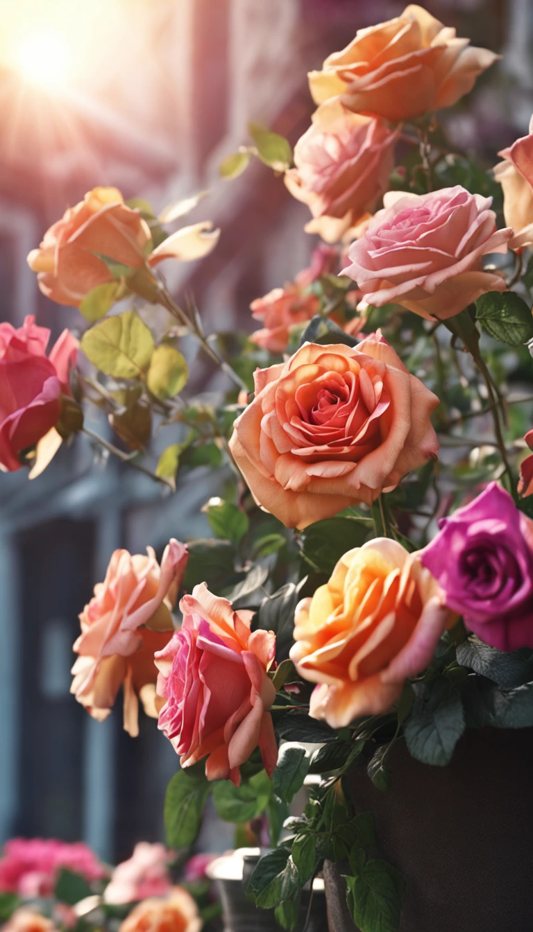 Clay pot, colorful roses, by the window, sunlight coming in, blank background, lots of details, high quality, 8k,