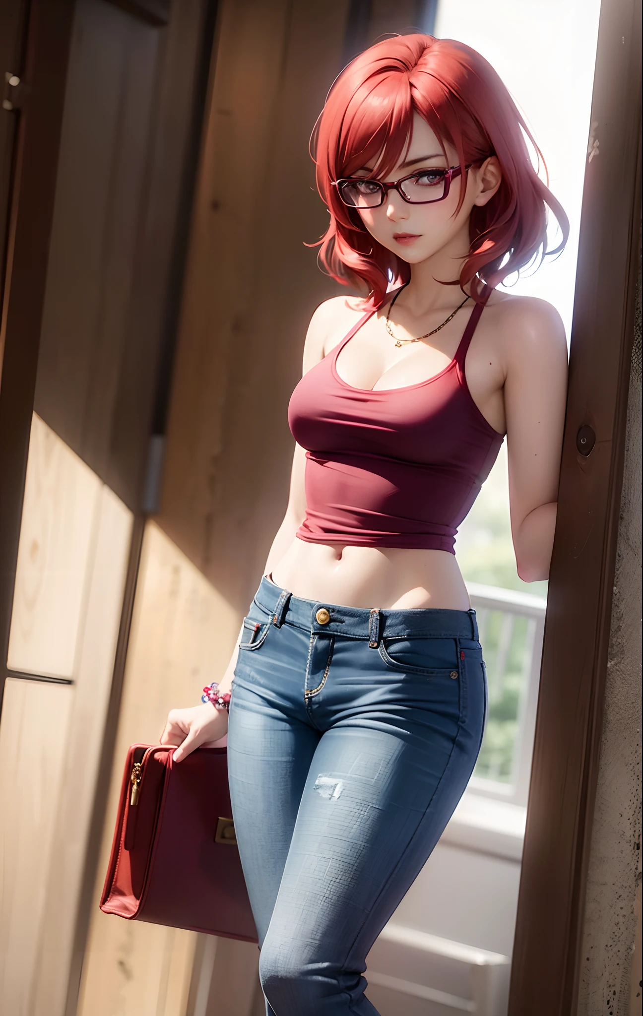 Nishikino maki, Purple eyes, red hair, lipstick,red tank top, denim pants,low waist pants, open pants, glasses, bracelet, cleavage, standing, realistic art, cowboy shot, sexy