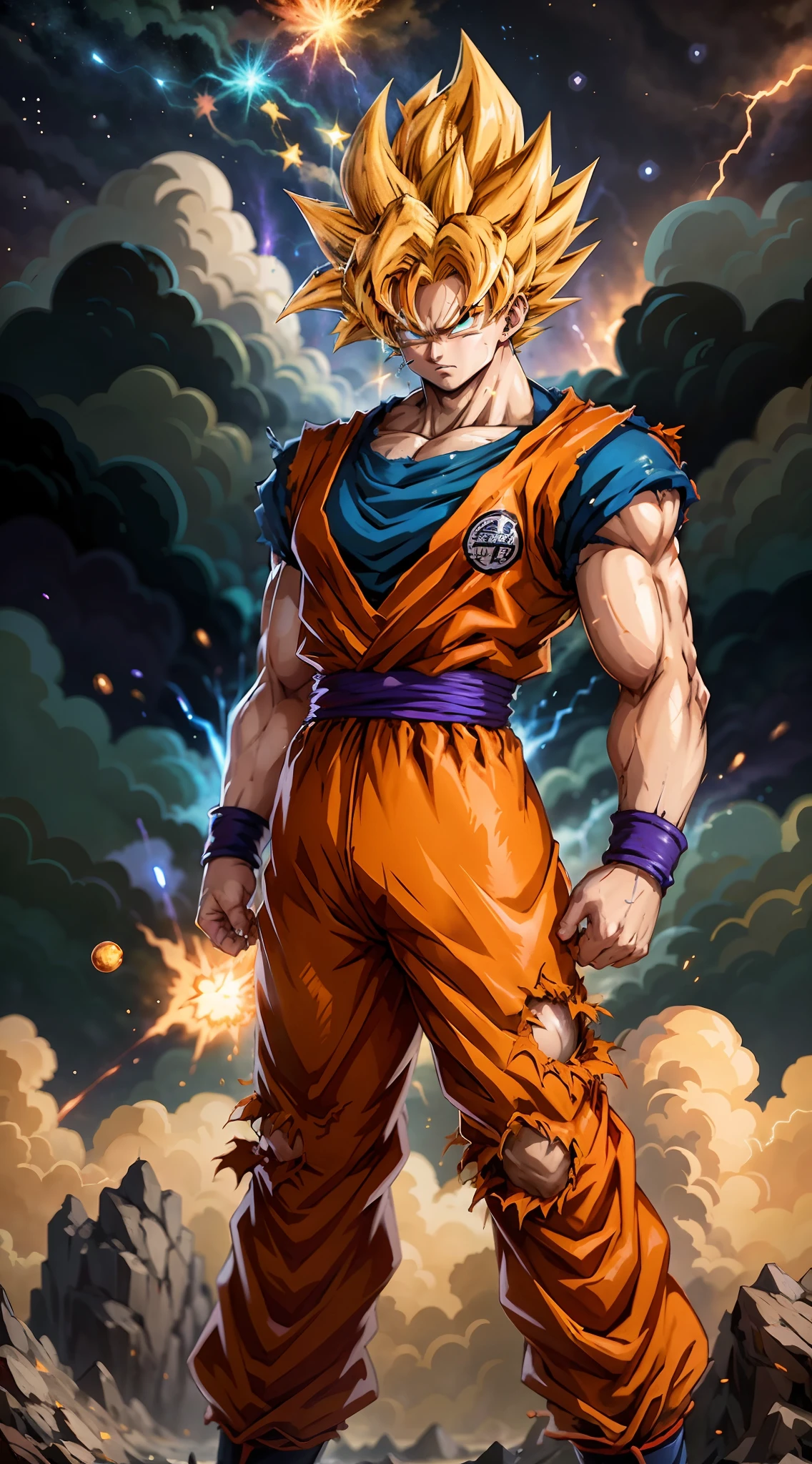 Super Saiyan Goku stands in space，Huge waves of energy are released，There are stars everywhere，The sky is a mix of orange and purple hues。The energy wave is bright blue，There are electric sparks around。（anime big breast：1.2）、（Dramatic lighting：1.1）、（brightcolors：1.3）、（cell-shaded：1.1）、（dynamic compositions：1.2），Green eyes