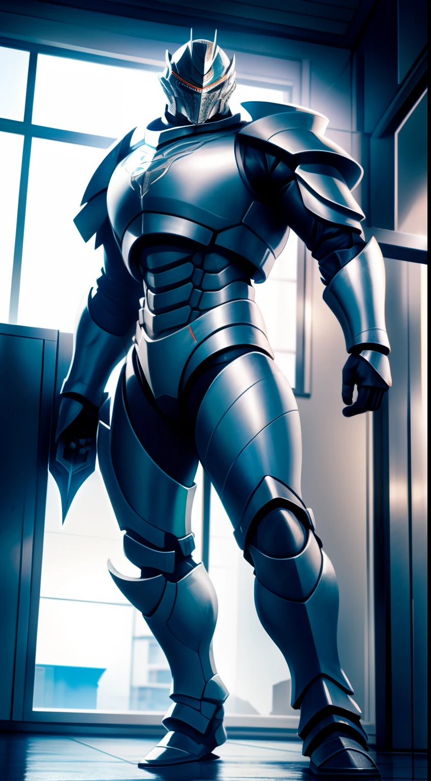 Inside the building，Silver full body armor，two meters tall，He held a black spear in his hand，Two-meter spear，Huge power armor，Burly body，Large thick armor, High detail, Realistic art style,