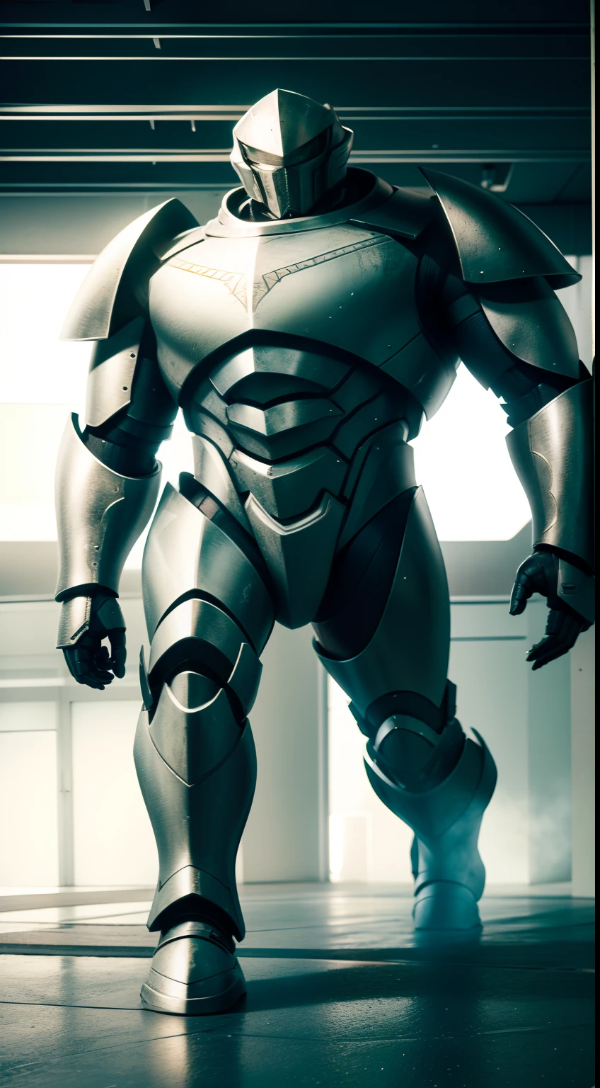 Inside the building，Silver full body armor，two meters tall，He held a black spear in his hand，Two-meter spear，Huge power armor，Burly body，Large thick armor, High detail, Realistic art style,