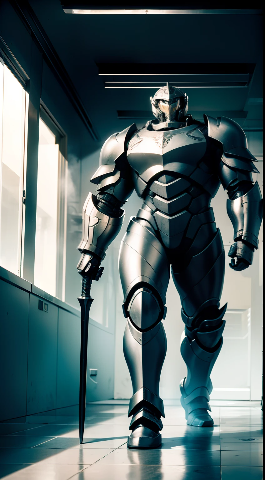 Inside the building，Silver full body armor，two meters tall，He held a black spear in his hand，Two-meter spear，Huge power armor，Burly body，Large thick armor, High detail, Realistic art style,