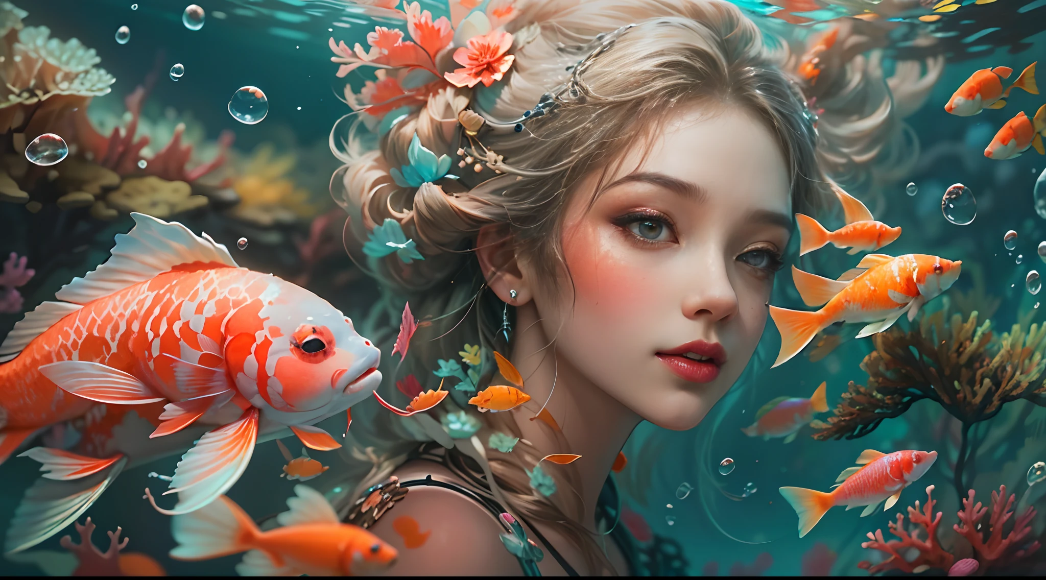 ModelShoot style, (Extremely detailed Cg Unity 8K wallpaper), A chaotic storm of intricate liquid smoke in the head, Stylized abstract portrait of beautiful girl, wetted skin,Koi,Beautiful koi,Flocks of koi,carp,Strange shaped corals,ocean floor,Beautiful coral reef in the background,Rochas,Marine life,colorful coral reef,Decorate with coral reefs,author:Petros Afshar, ross tran, tom whalen, Peter Mohrbacher, Art germ, Broken glass, ((bubbly underwater scenery)) Radiant light octane rendering is highly detailed, inspired by Yanjun Cheng, Beautiful digital artwork, Guviz-style artwork, 8K highly detailed digital art, Beautiful digital illustration, Cute detailed digital art, stunning digital illustration, A beautiful artwork illustration, Exquisite digital illustration,8K detailed digital art,