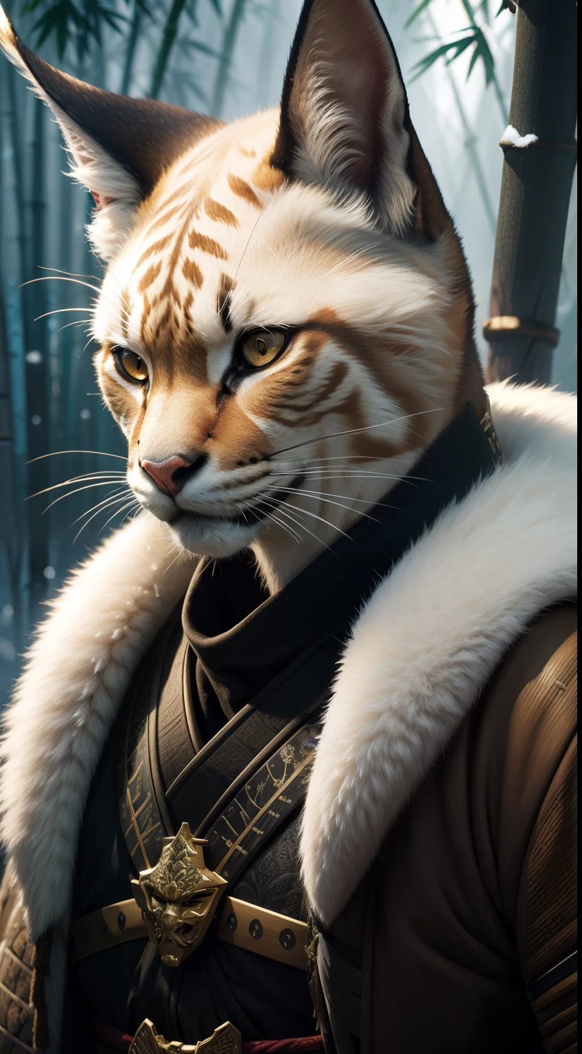 samurai, caracal-face, snow, bamboo jungle, Animal Anthropomorphism, realistic digital, humanoid, abstract background, global illumination, intricate, epic, dramatic, masterpiece, high detail, best quality, ultra high res