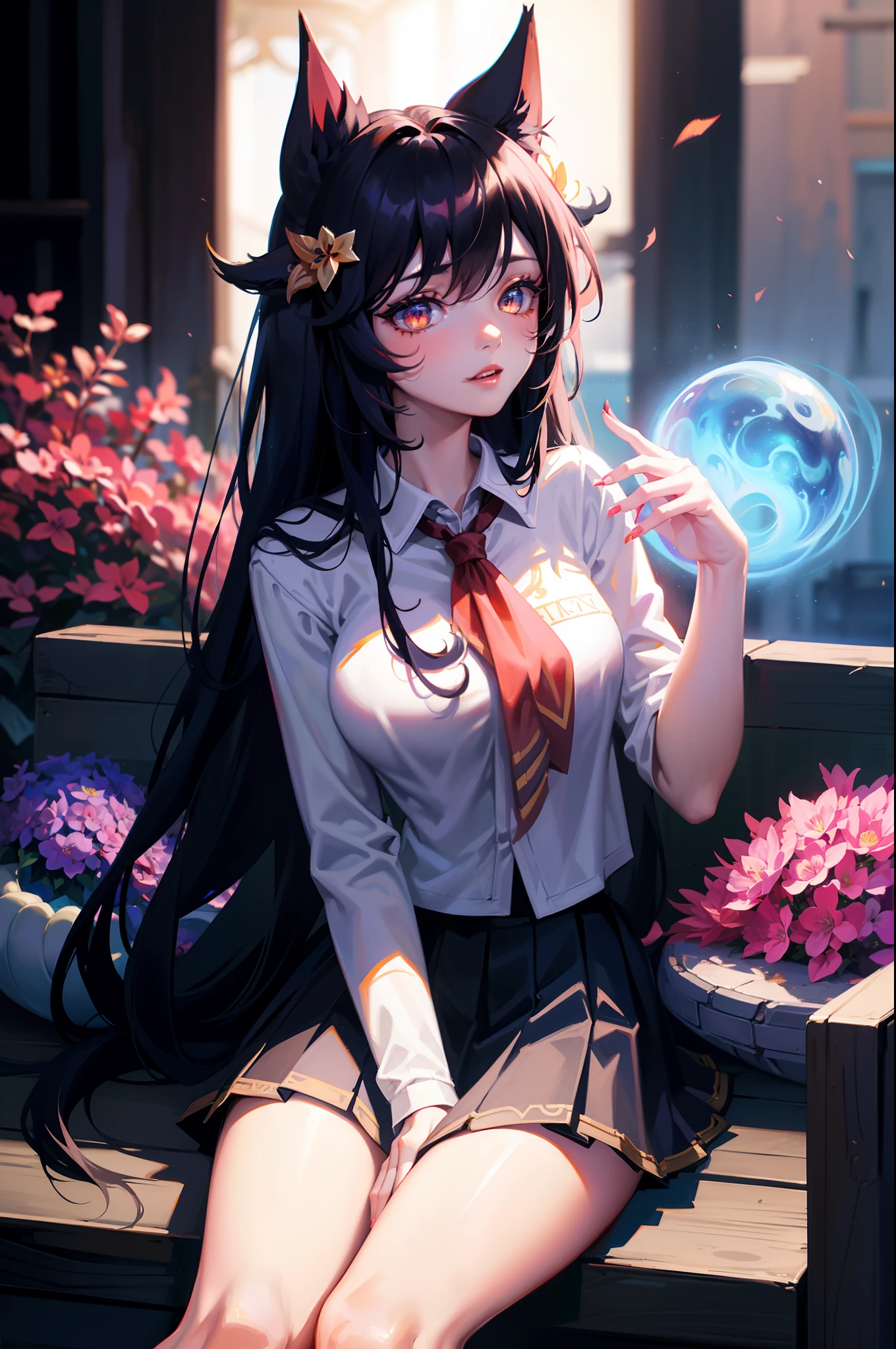 nixeu, ahri, ahri_\(league_of_legends\), 1girl, animal_ears, artist_name, bangs, black_hair, black_skirt, blue_ribbon, blurry, blurry_background, collared_shirt, facial_mark, flower, fox_ears, grey_flower, hair_flower, hair_ornament, highres, league_of_legends, long_hair, looking_at_viewer, neck_ribbon, orange_eyes, parted_lips, pleated_skirt, ribbon, shirt, sitting, skirt, solo, teeth, whisker_markings, white_shirt