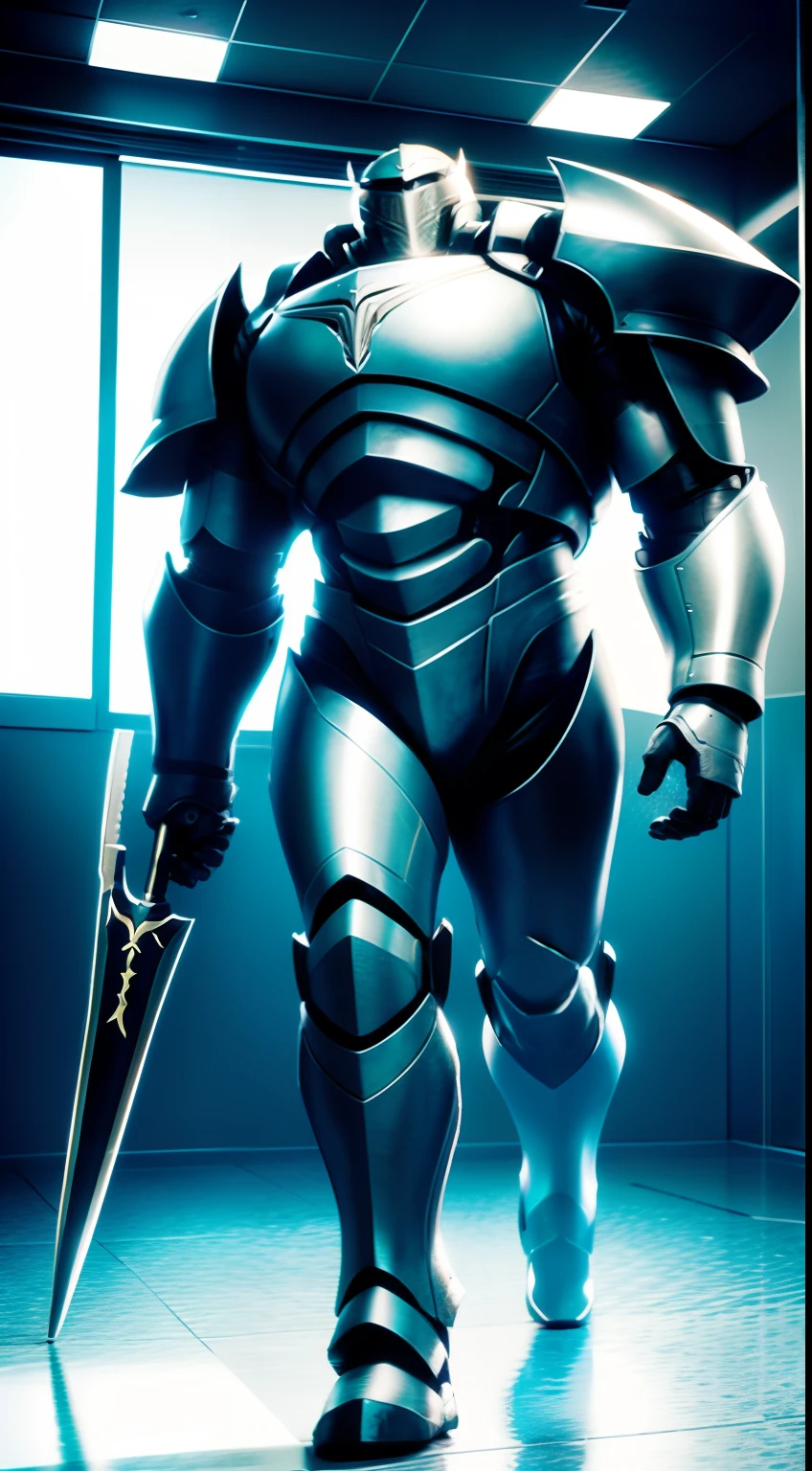 Inside the building，Silver full body armor，two meters tall，He held a black spear in his hand，Two-meter spear，Huge power armor，Burly body，Large thick armor, High detail, Realistic art style,