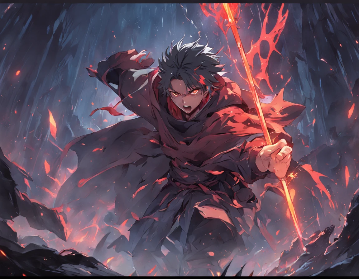 hunter throwing spear at a cyclop, incredibly detailed and realistic, dark theme