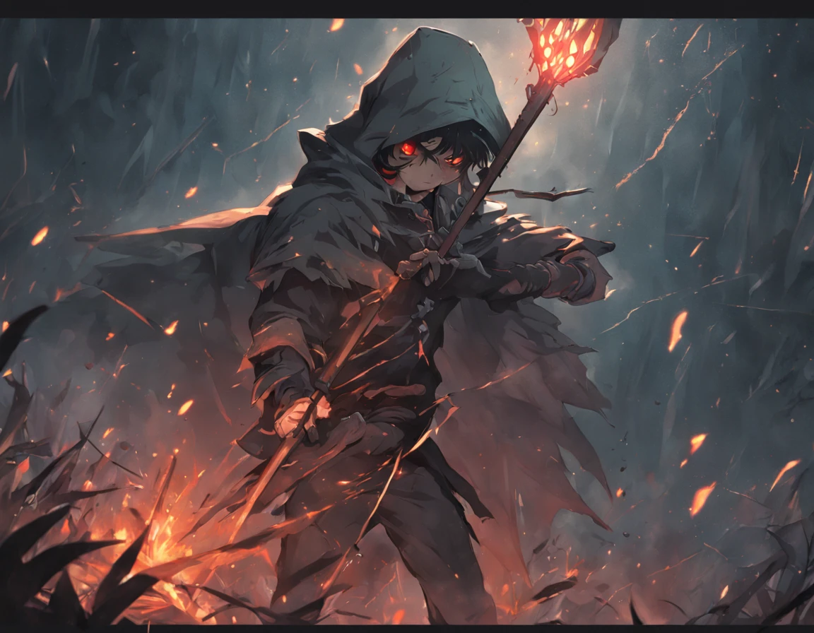 hunter throwing spear at a cyclop, incredibly detailed and realistic, dark theme