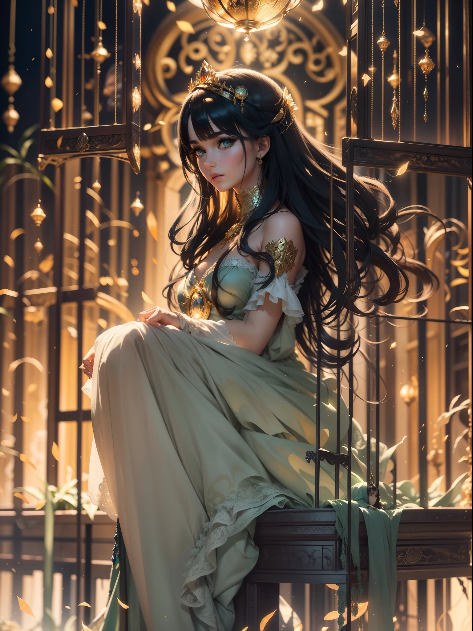 a silhouet of beautiful princess pryed in a big cage made of gold. (masterpiece), realistic, (portrait of a caucasian girl),very white skin, beautiful face, sunlight, cinematic light, bangs, a beautiful woman, beautiful eyes, black hair,  long hair, perfect anatomy, very cute, princess eyes , (green eyes) , red lips, (frame the head), Centered image, stylized, bioluminescence, 8 life size,8k Resolution, wonder full, elegant, approaching perfection, dynamic, highly detailed, character sheet, concept art, smooth, facing directly at the viewer positioned so that their body is symmetrical and balanced, stunningly beautiful teenage girl, detailed hairstyle. whitie dress. No fringe
